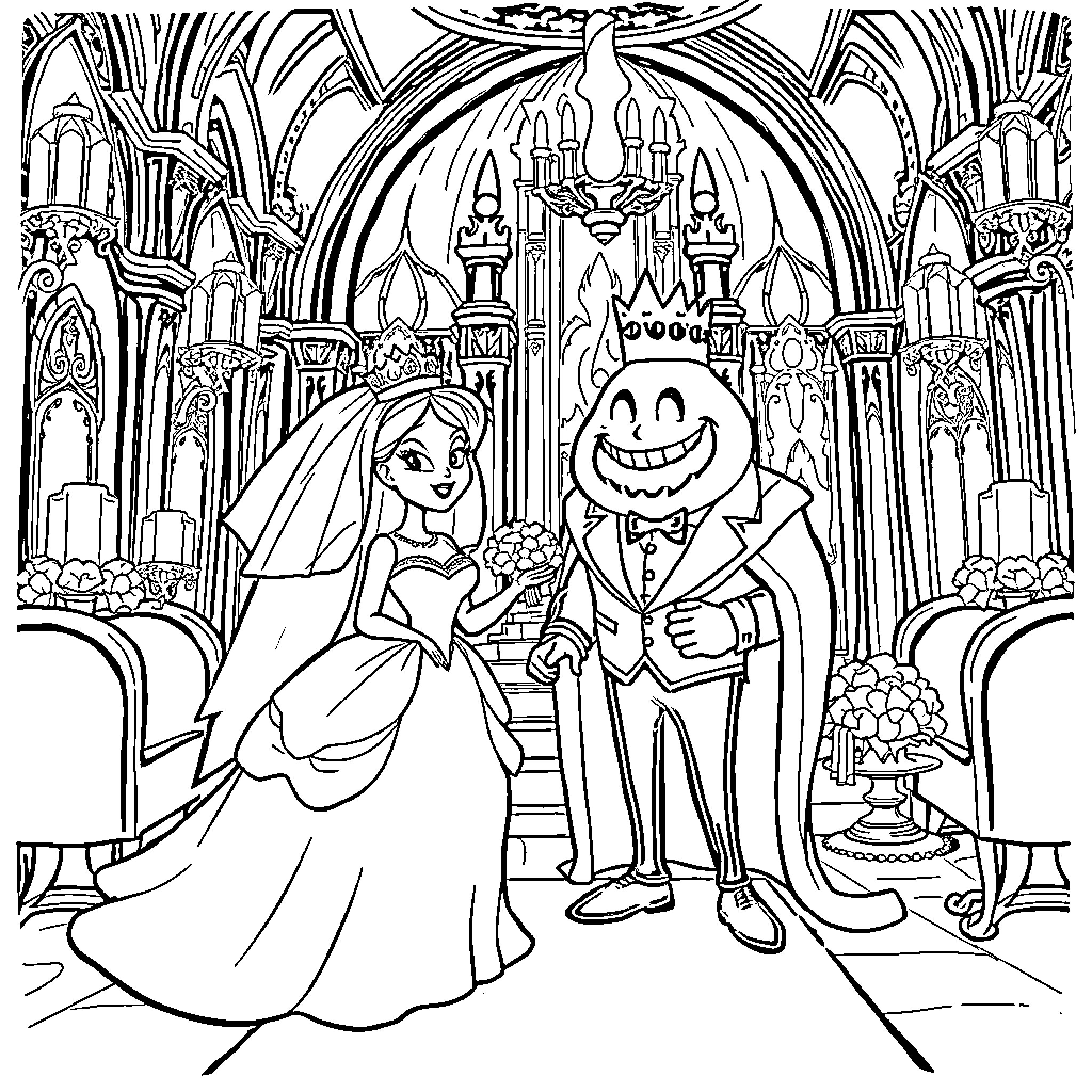Hellen Gravely's Whimsical Castle Wedding Coloring Page (free black-and-white line drawing printable PDF for all, from beginners to advanced learners, including children, teens, adults, and seniors)
