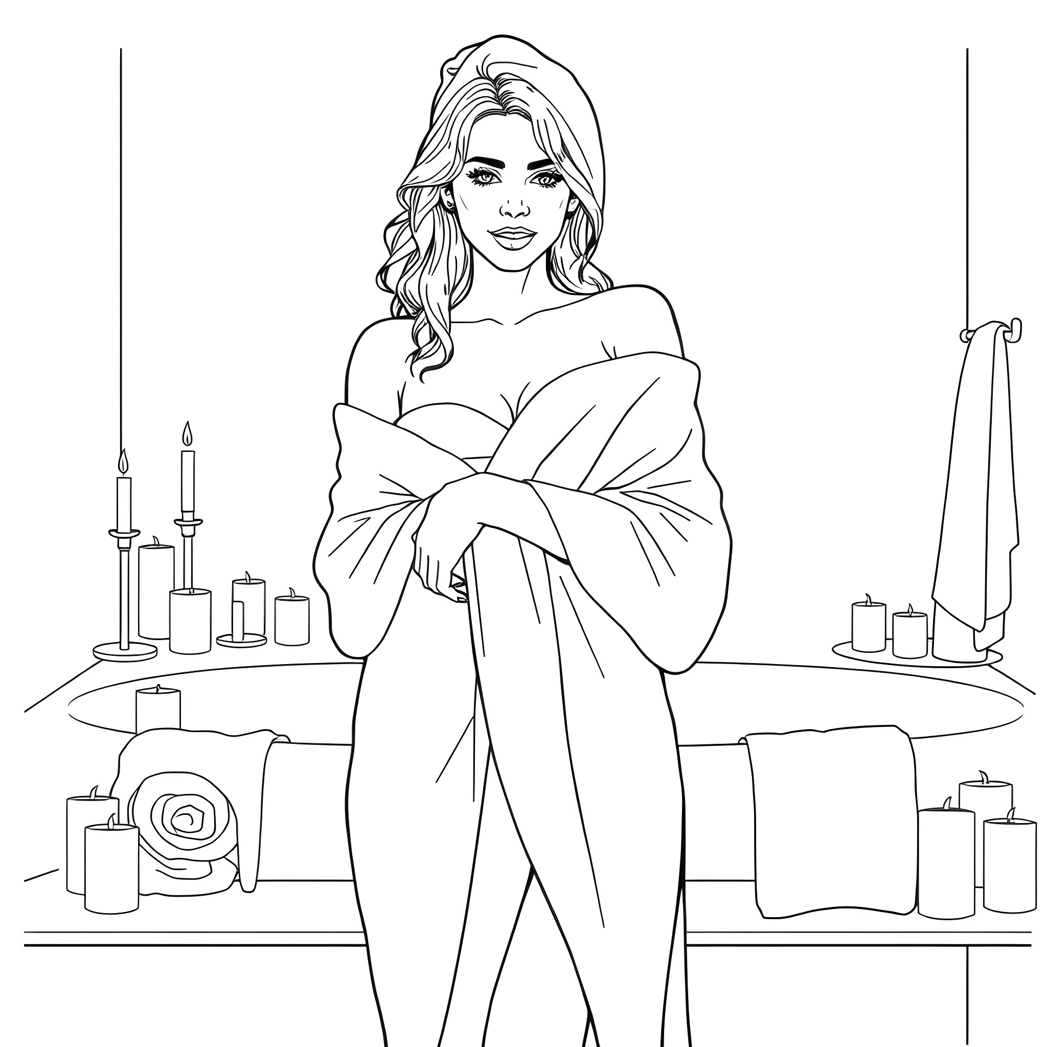 Woman enjoys cozy moment in bath setting Coloring Page (free black-and-white line drawing printable PDF for all, from beginners to advanced learners, including children, teens, adults, and seniors)