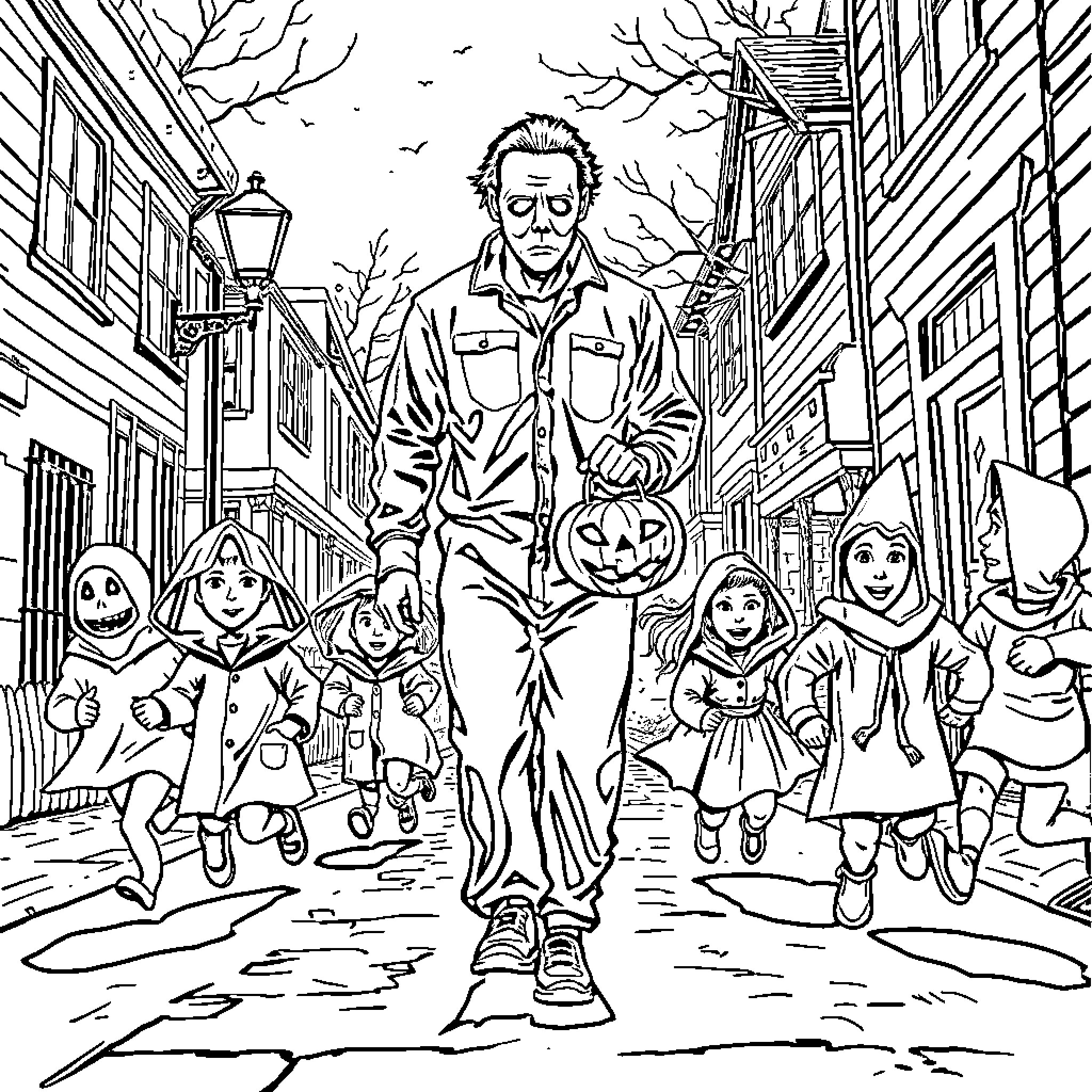 Michael Myers Leads Halloween Parade of Characters Coloring Page (free black-and-white line drawing printable PDF for all, from beginners to advanced learners, including children, teens, adults, and seniors)