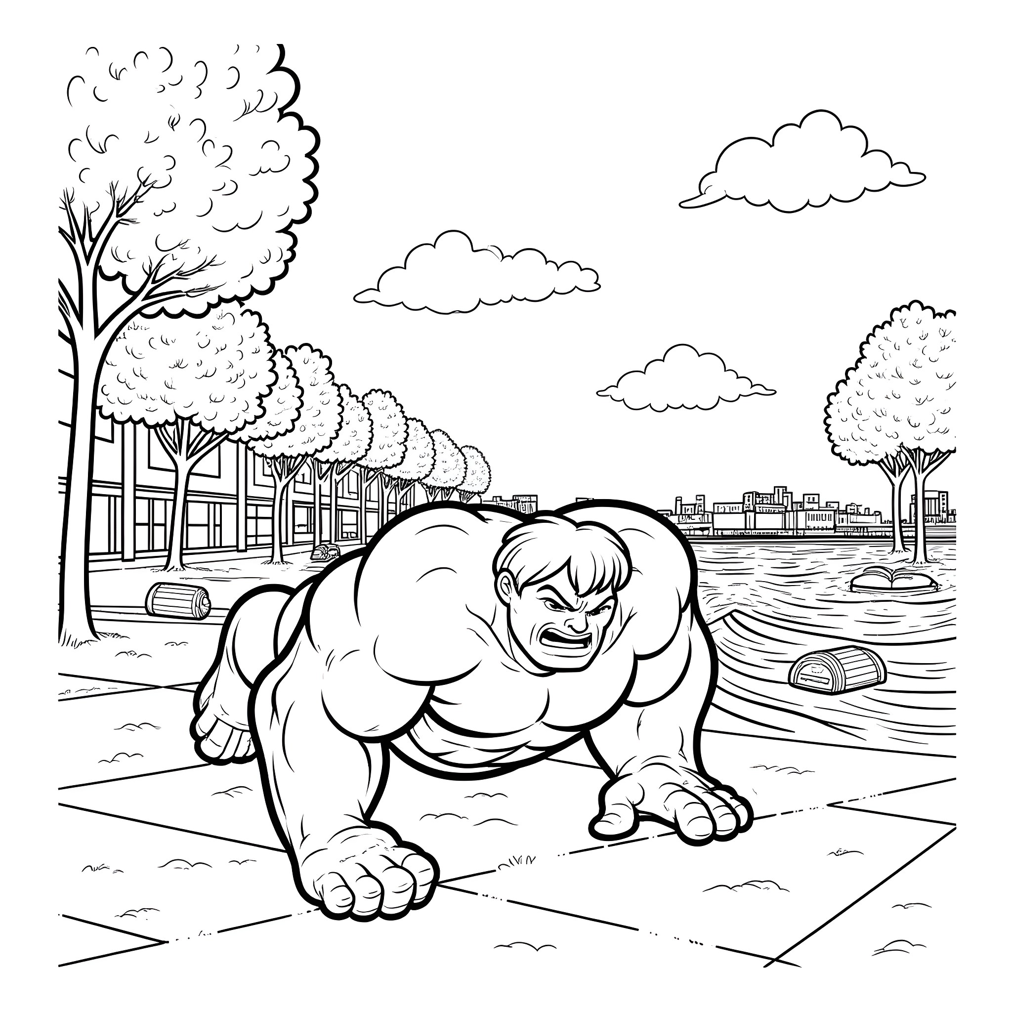 Hulk Rampaging through the City Coloring Page (free black-and-white line drawing printable PDF for all, from beginners to advanced learners, including children, teens, adults, and seniors)
