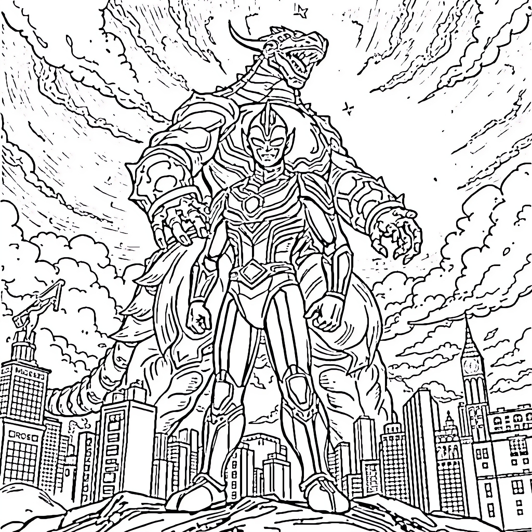 Ultraman Heroically Protects the City Coloring Page (free black-and-white line drawing printable PDF for all, from beginners to advanced learners, including children, teens, adults, and seniors)