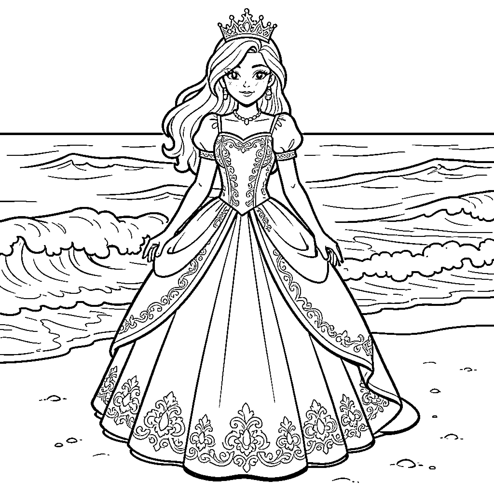 Princess in Elegant Gown by the Ocean Coloring Page (free black-and-white line drawing printable PDF for all, from beginners to advanced learners, including children, teens, adults, and seniors)