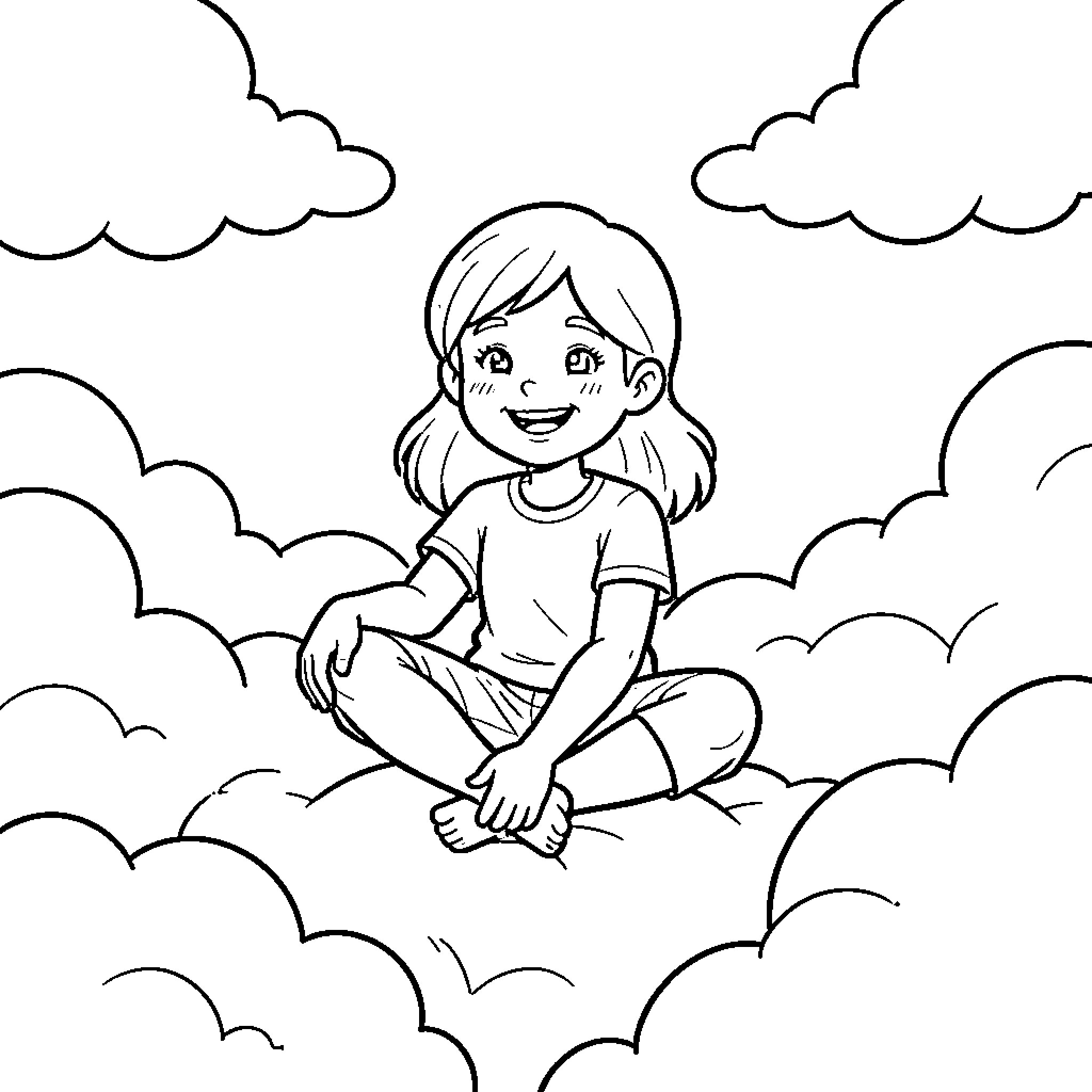 Heidi sitting happily atop soft clouds Coloring Page (free black-and-white line drawing printable PDF for all, from beginners to advanced learners, including children, teens, adults, and seniors)