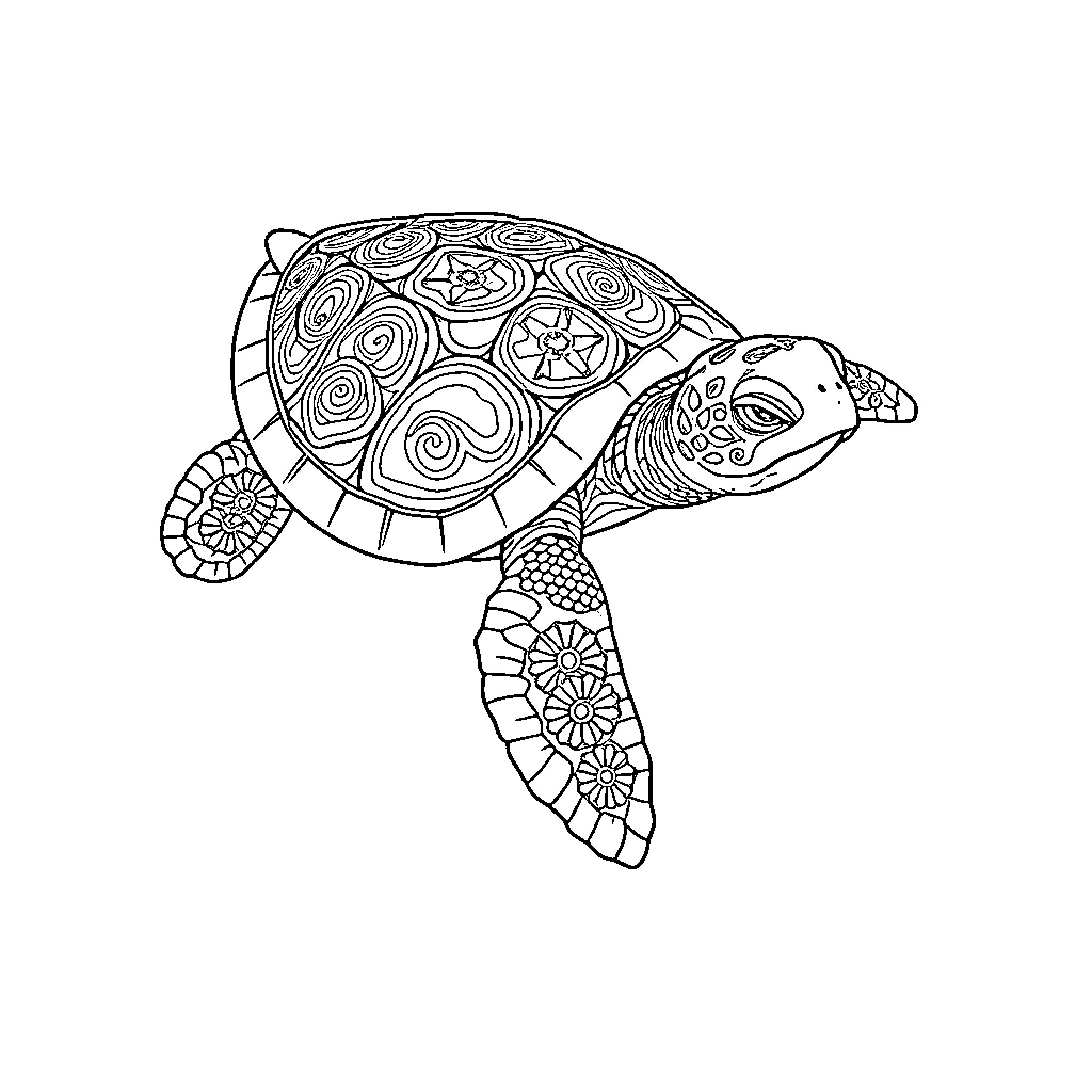 Turtle swimming with intricate patterns Coloring Page (free black-and-white line drawing printable PDF for all, from beginners to advanced learners, including children, teens, adults, and seniors)