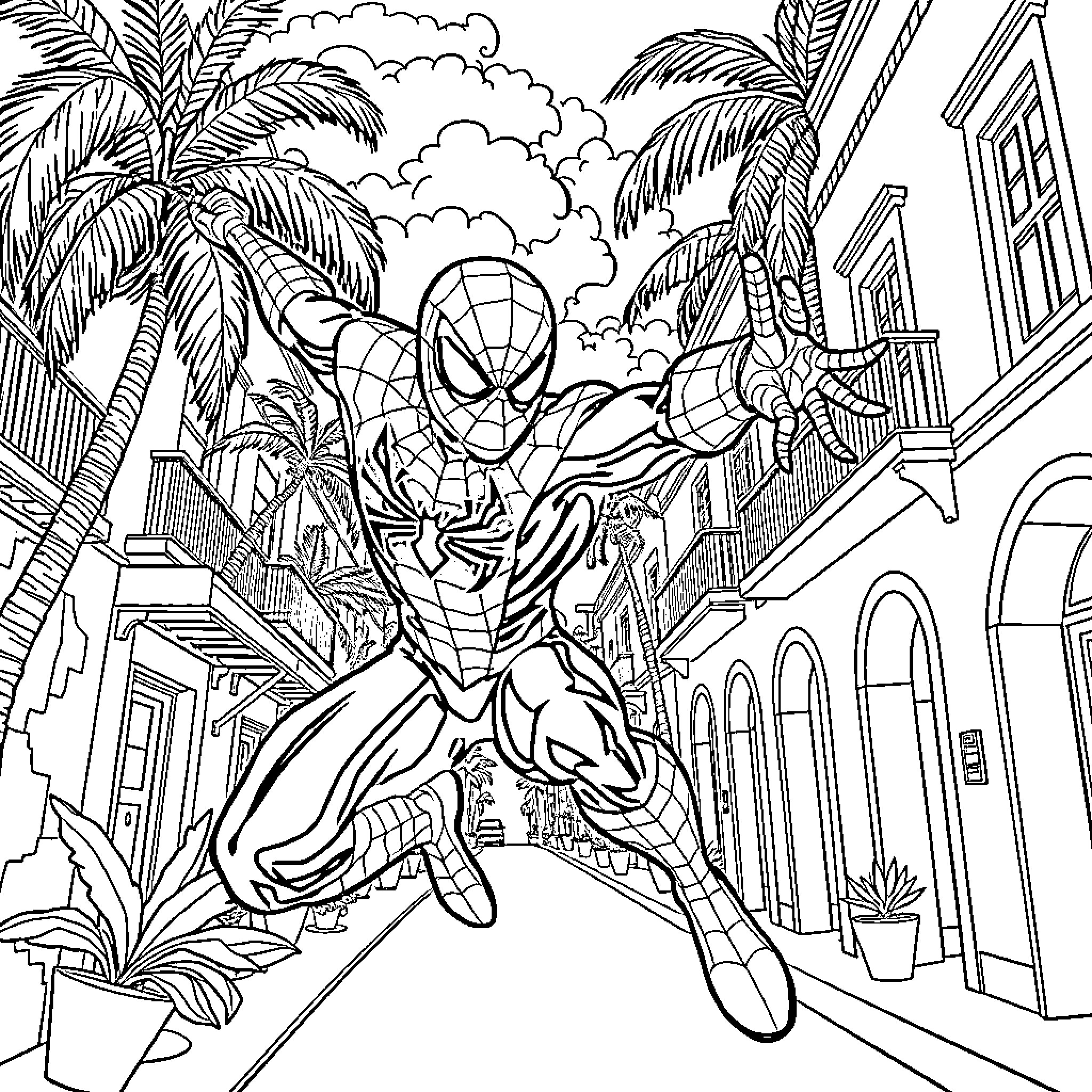 Spiderman swinging through the city streets Coloring Page (free black-and-white line drawing printable PDF for all, from beginners to advanced learners, including children, teens, adults, and seniors)