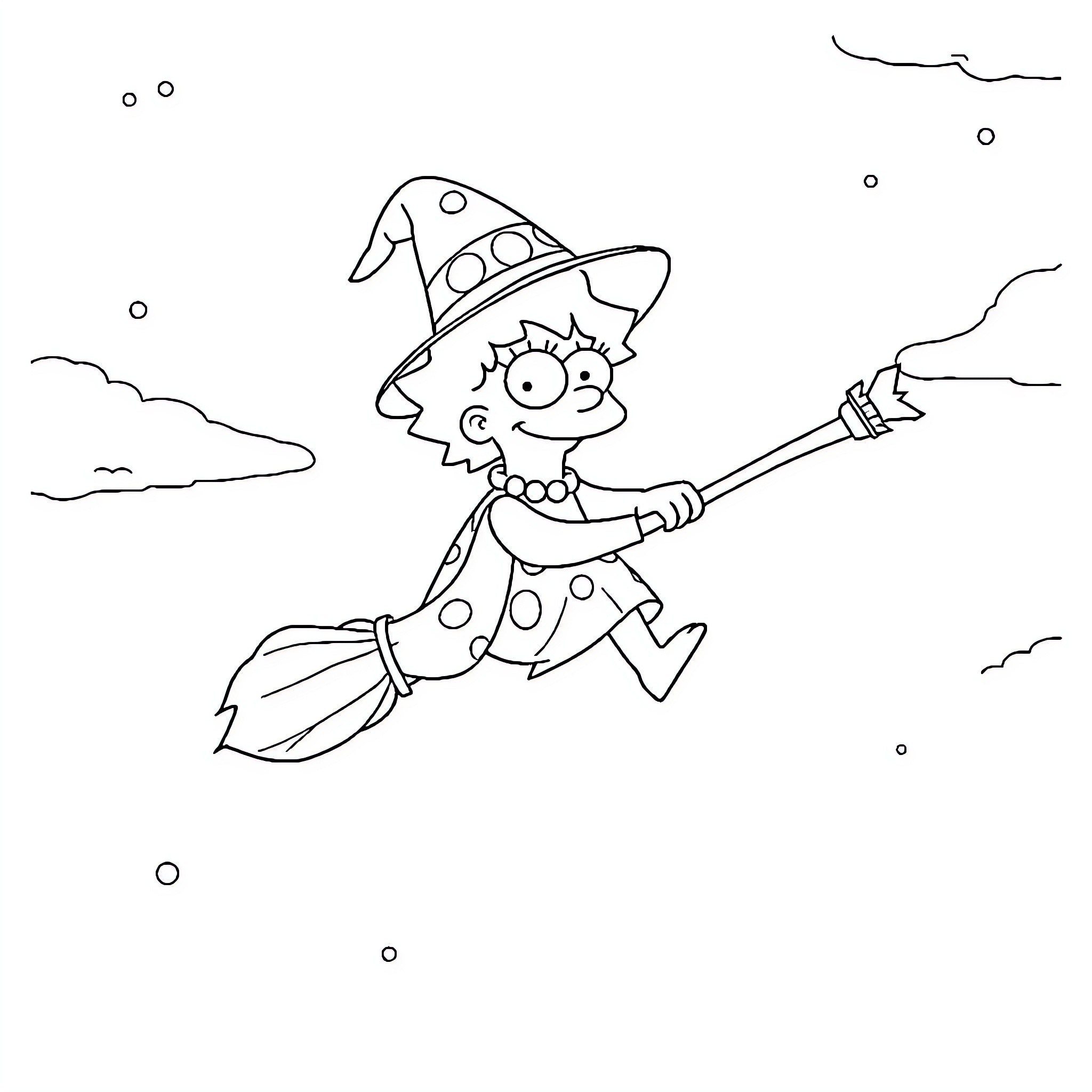 Lisa Simpson flying on a broomstick Coloring Page (free black-and-white line drawing printable PDF for all, from beginners to advanced learners, including children, teens, adults, and seniors)
