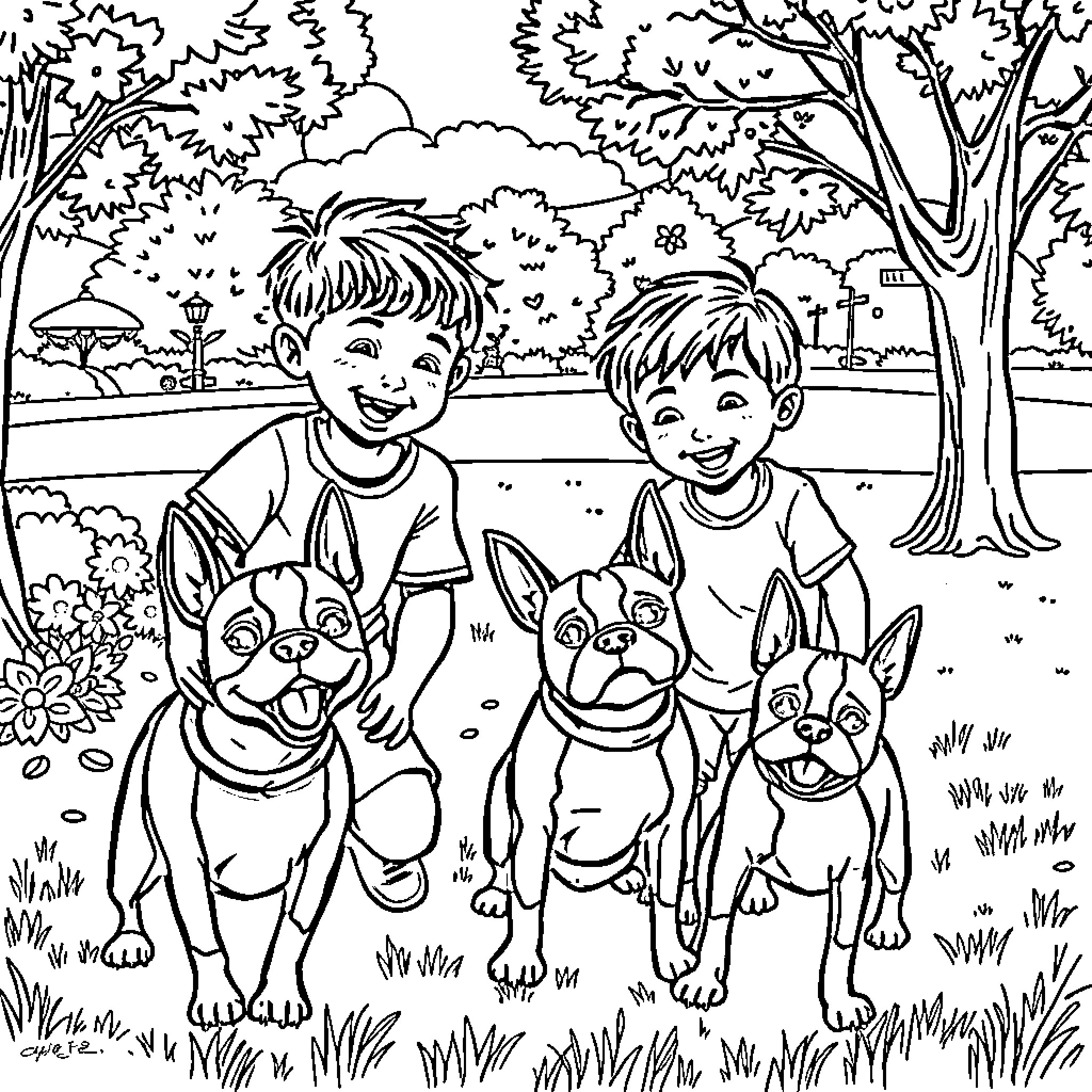 Boston Boys Playing with Playful Pups in Park Coloring Page (free black-and-white line drawing printable PDF for all, from beginners to advanced learners, including children, teens, adults, and seniors)
