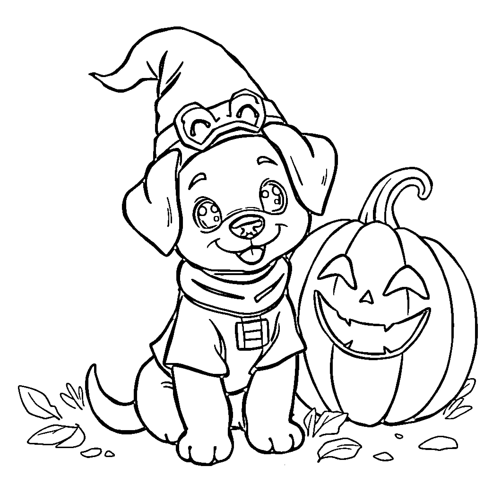 Dog dressed in Halloween costume with pumpkin Coloring Page (free black-and-white line drawing printable PDF for all, from beginners to advanced learners, including children, teens, adults, and seniors)