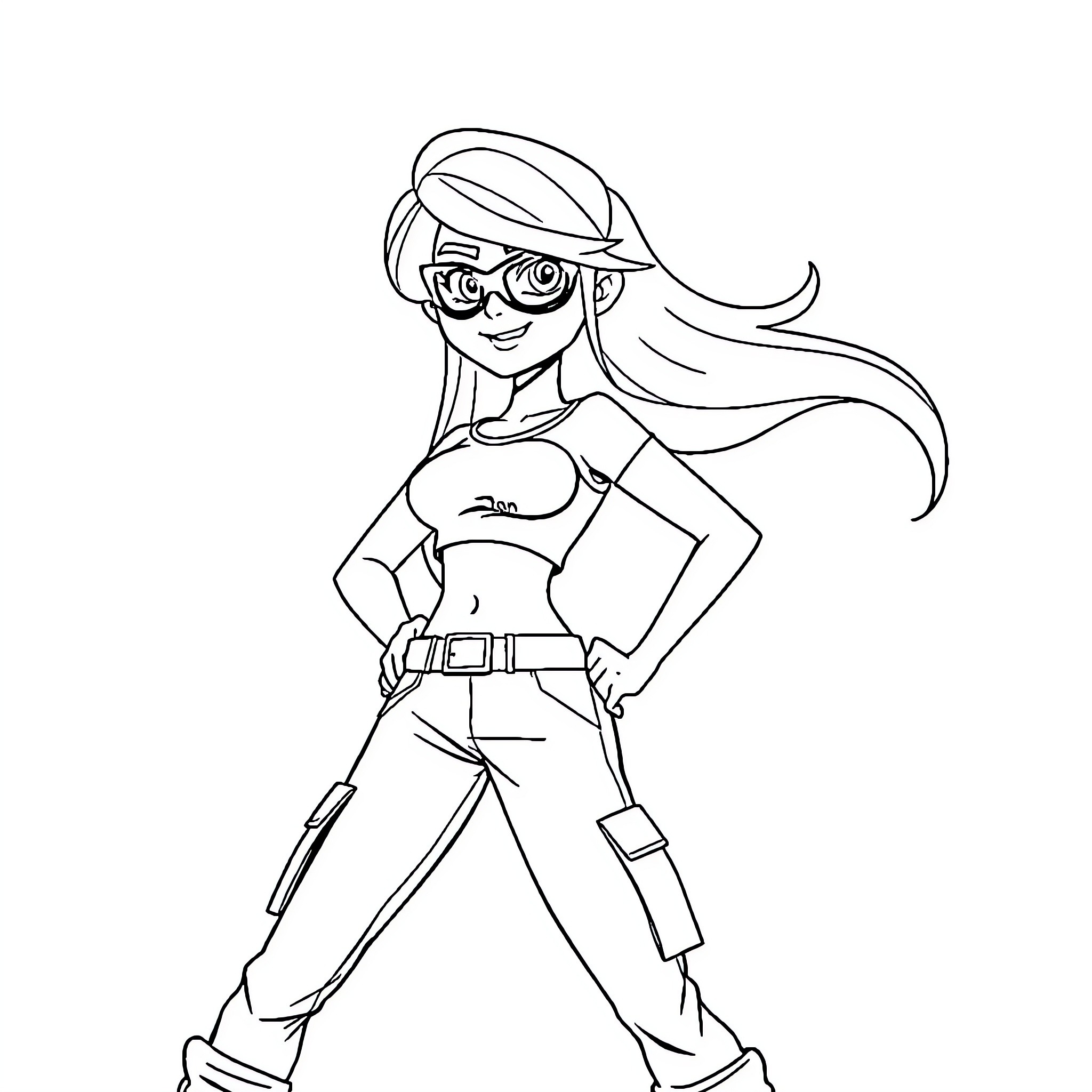 Kim Possible in heroic pose with gadgets Coloring Page (free black-and-white line drawing printable PDF for all, from beginners to advanced learners, including children, teens, adults, and seniors)