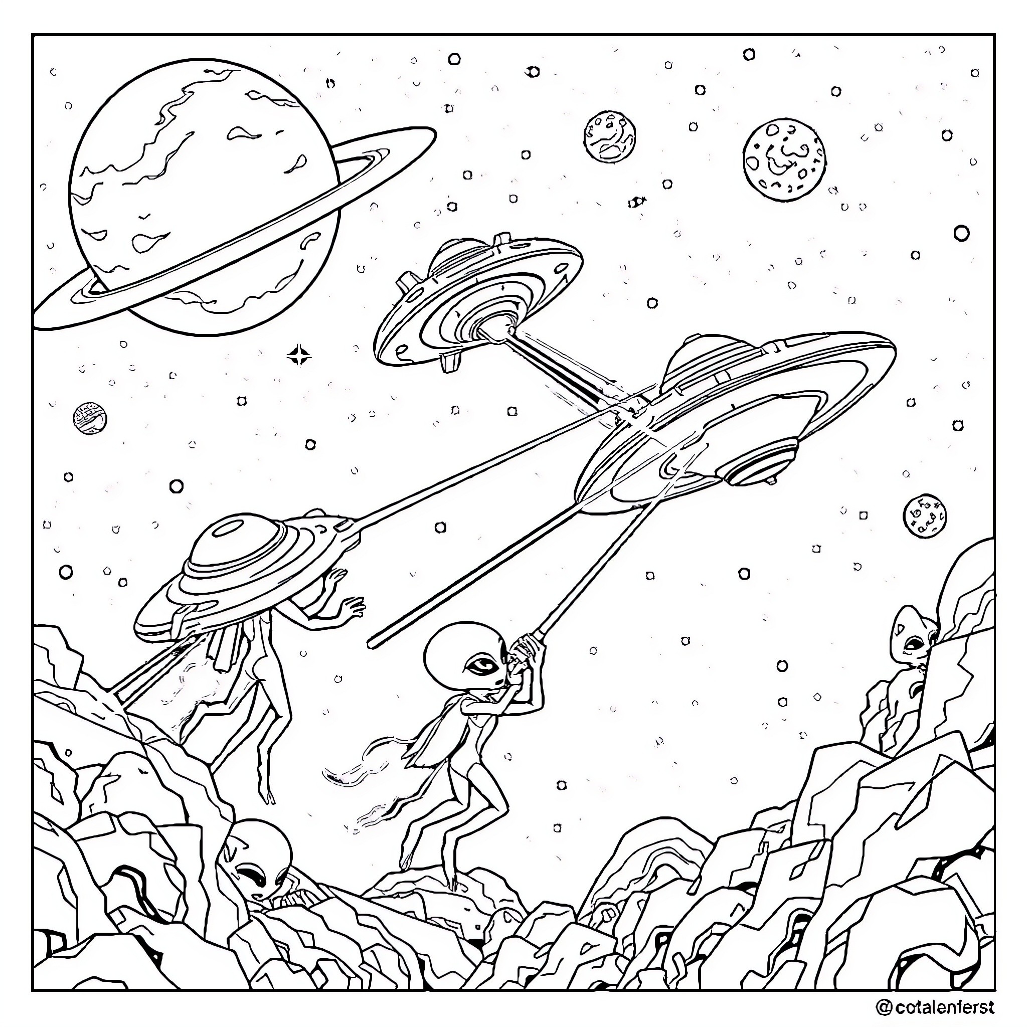 Alien spacecraft in the cosmic landscape Coloring Page (free black-and-white line drawing printable PDF for all, from beginners to advanced learners, including children, teens, adults, and seniors)