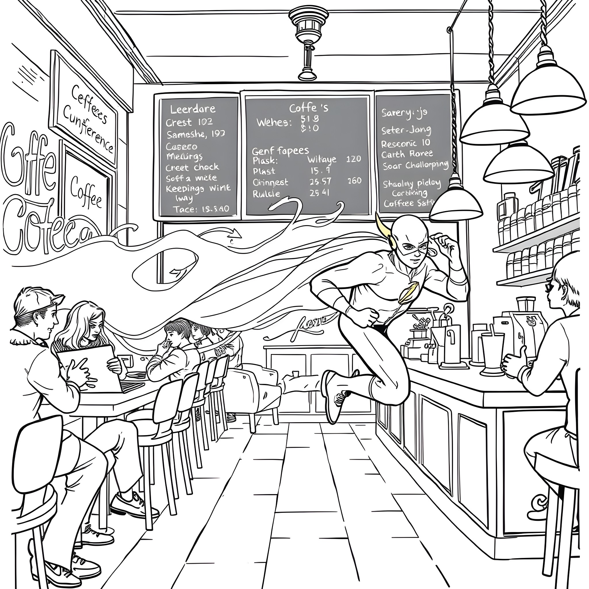 Flash of Activity in the Cafe Coloring Page (free black-and-white line drawing printable PDF for all, from beginners to advanced learners, including children, teens, adults, and seniors)
