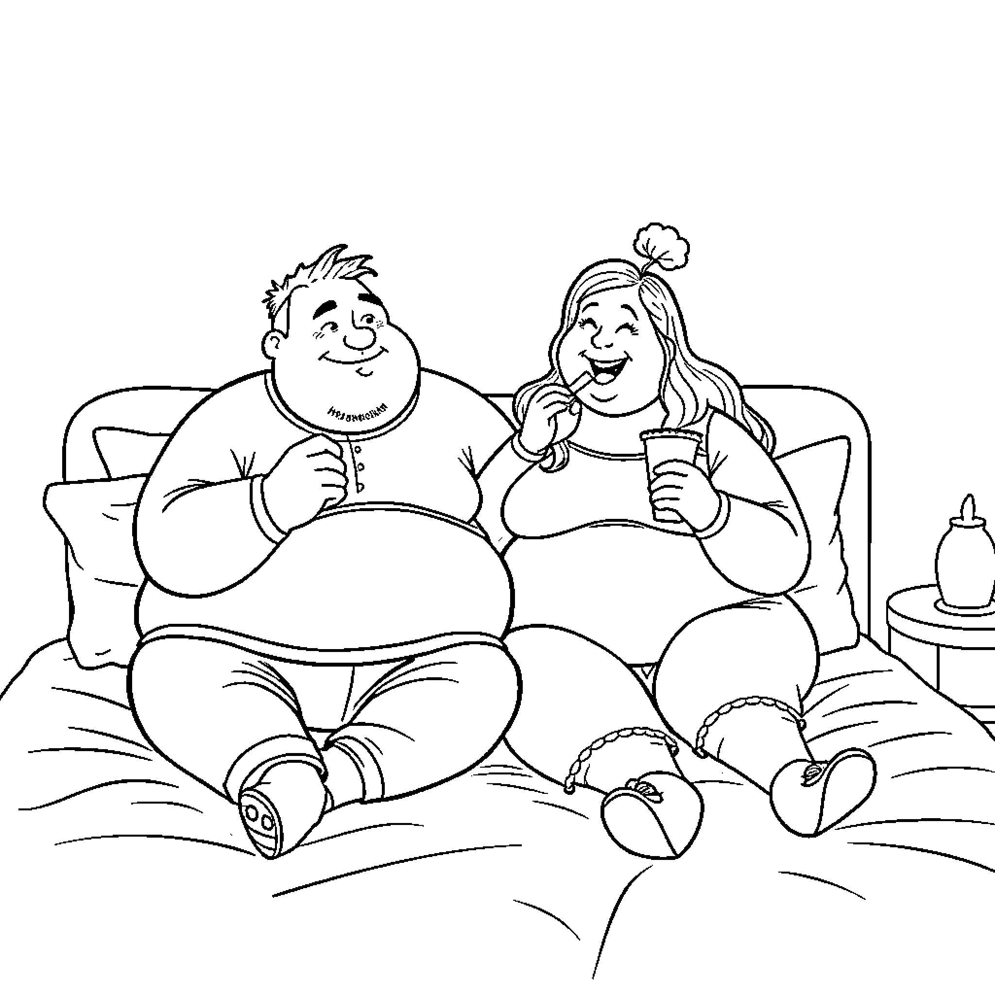 Couple relaxing and enjoying snacks on the couch Coloring Page (free black-and-white line drawing printable PDF for all, from beginners to advanced learners, including children, teens, adults, and seniors)