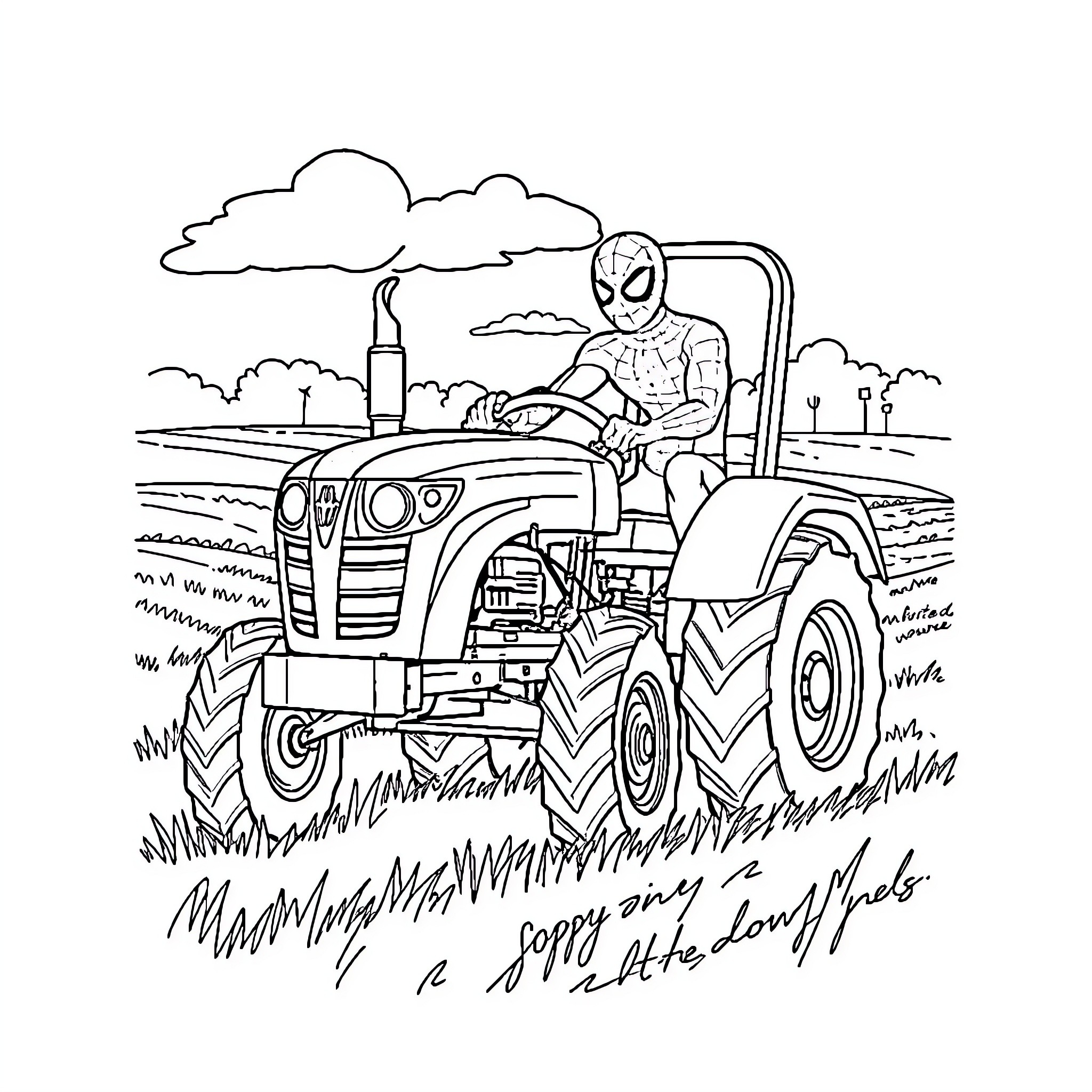 Spiderman driving a tractor through the countryside Coloring Page (free black-and-white line drawing printable PDF for all, from beginners to advanced learners, including children, teens, adults, and seniors)