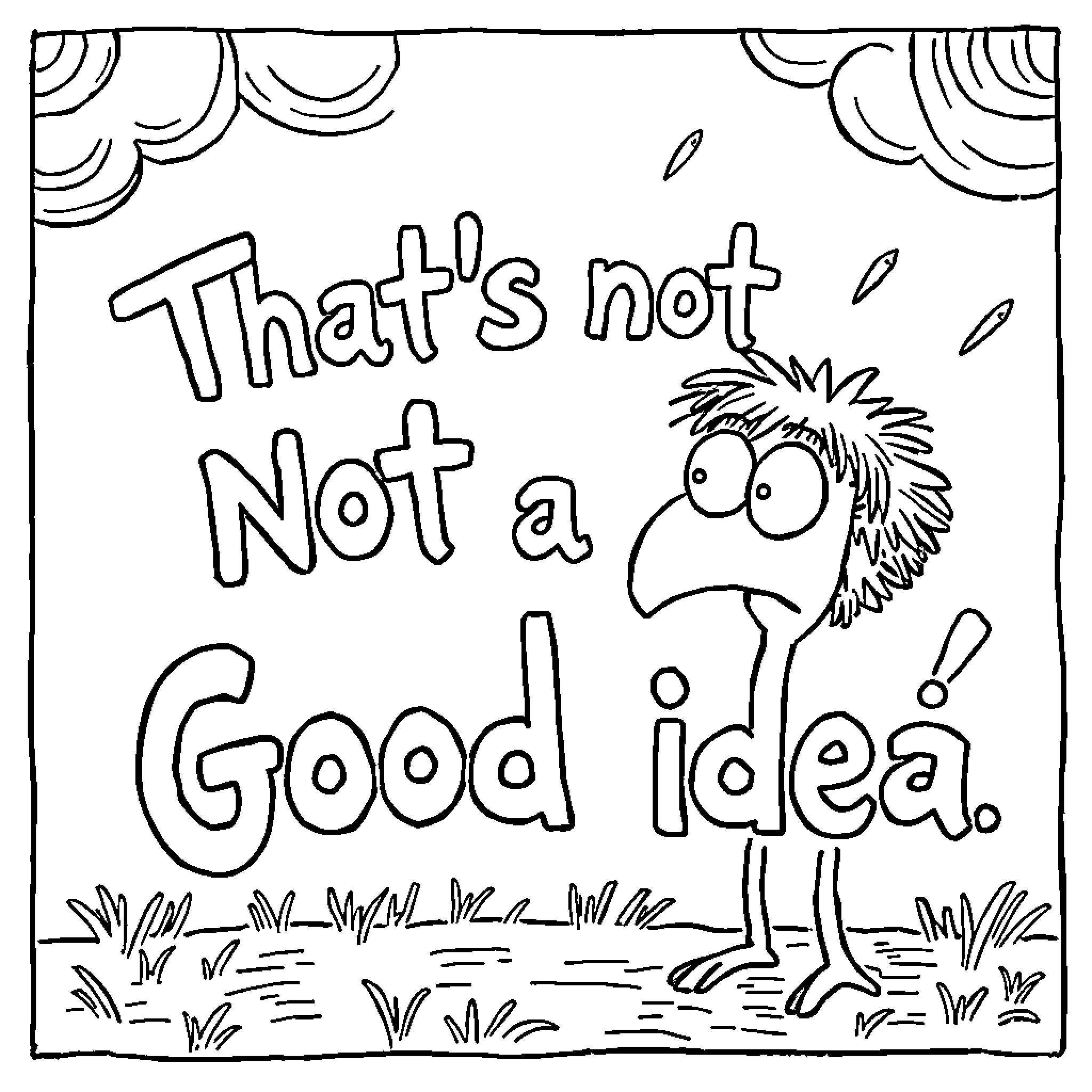 Mo Willems character expresses disappointment about idea Coloring Page (free black-and-white line drawing printable PDF for all, from beginners to advanced learners, including children, teens, adults, and seniors)