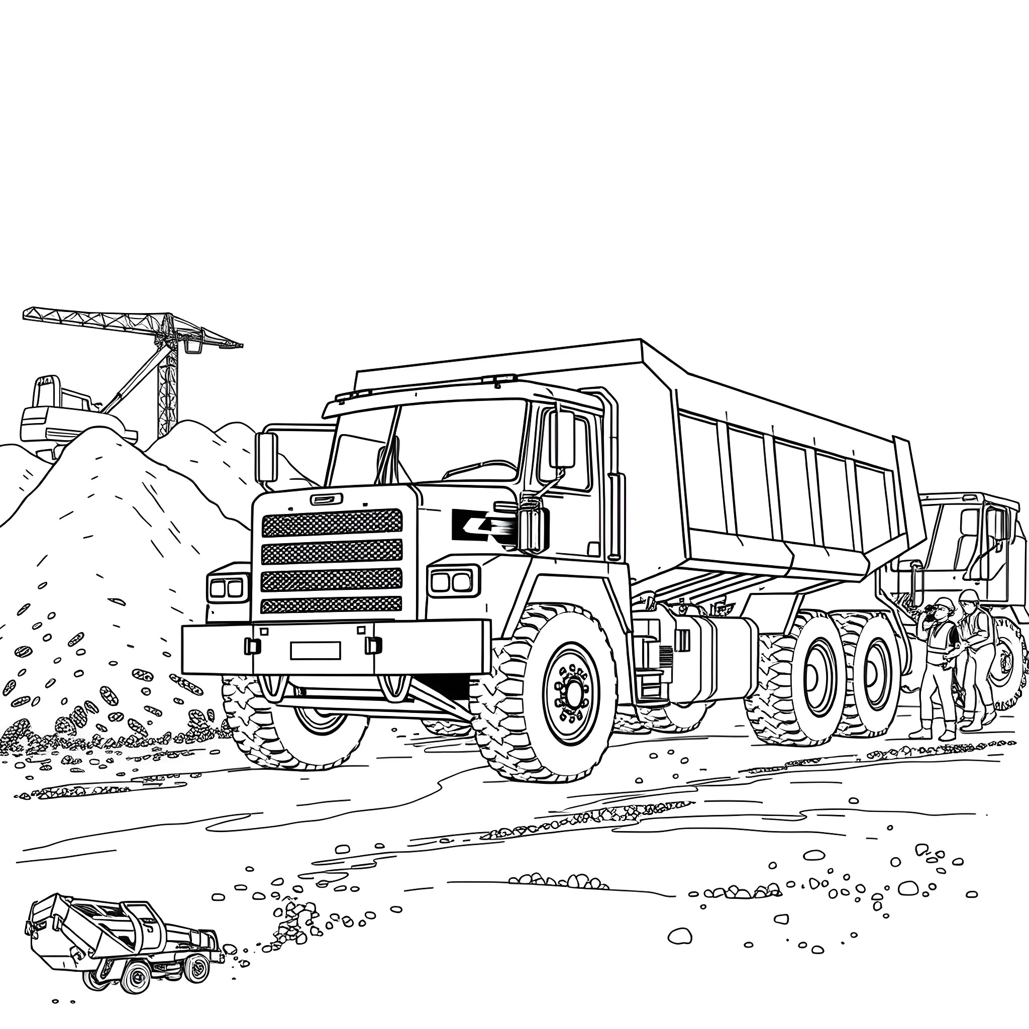 Pickup truck and construction equipment at work site Coloring Page (free black-and-white line drawing printable PDF for all, from beginners to advanced learners, including children, teens, adults, and seniors)