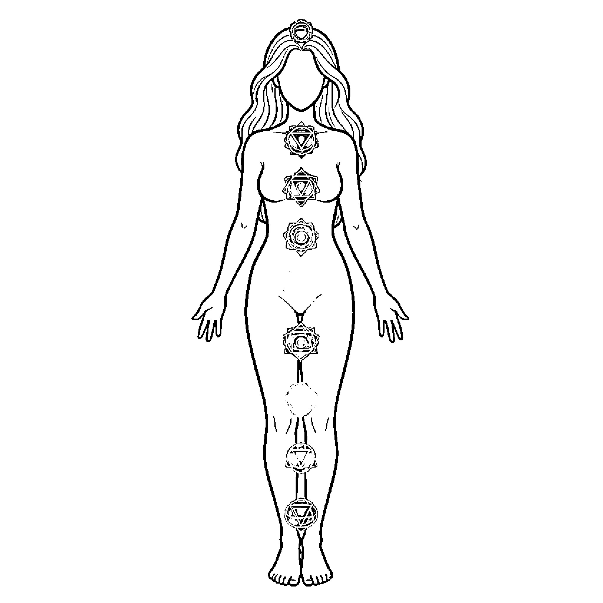 Woman in Spiritual Meditation Pose Coloring Page (free black-and-white line drawing printable PDF for all, from beginners to advanced learners, including children, teens, adults, and seniors)