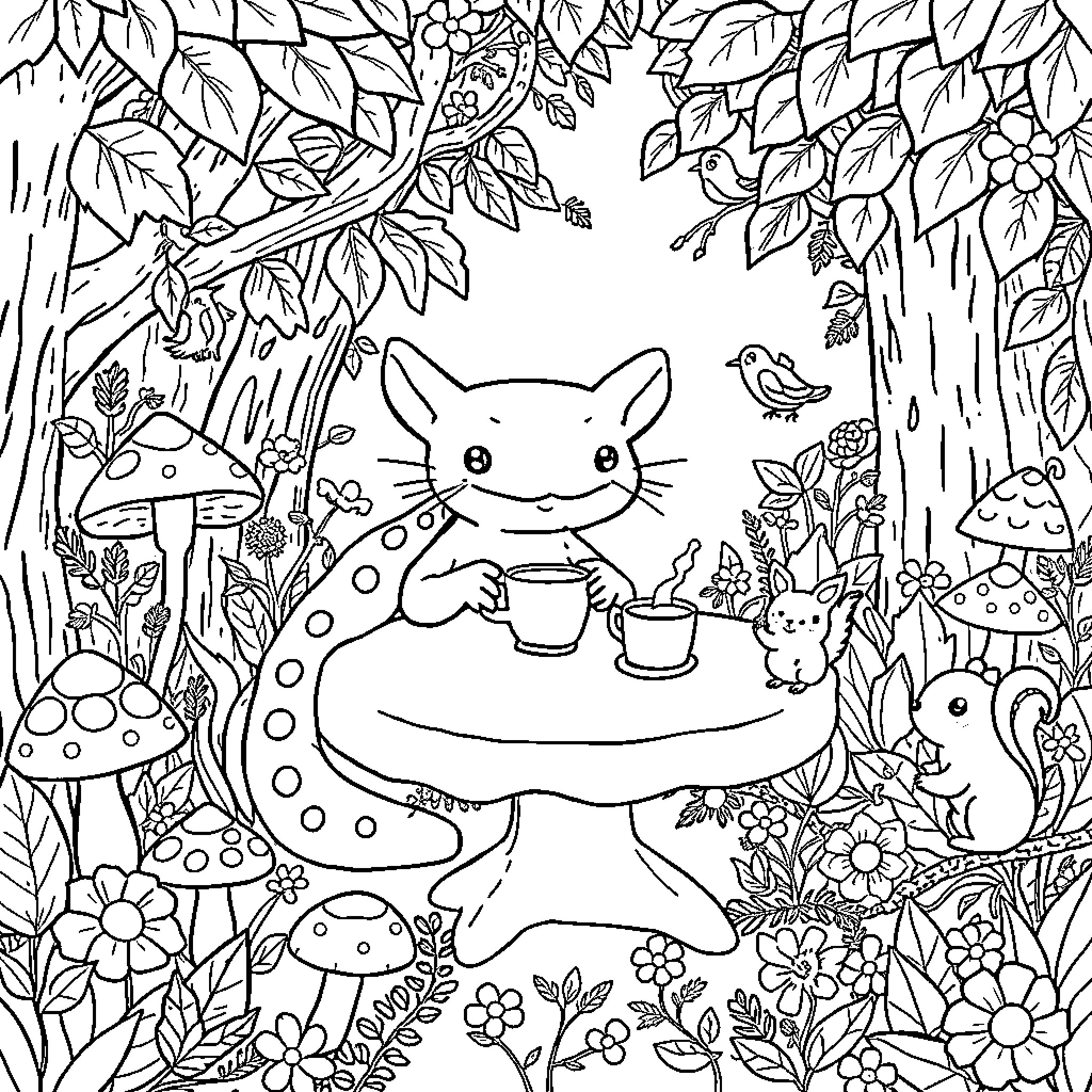 Axolotl enjoying tea party in enchanted forest Coloring Page (free black-and-white line drawing printable PDF for all, from beginners to advanced learners, including children, teens, adults, and seniors)