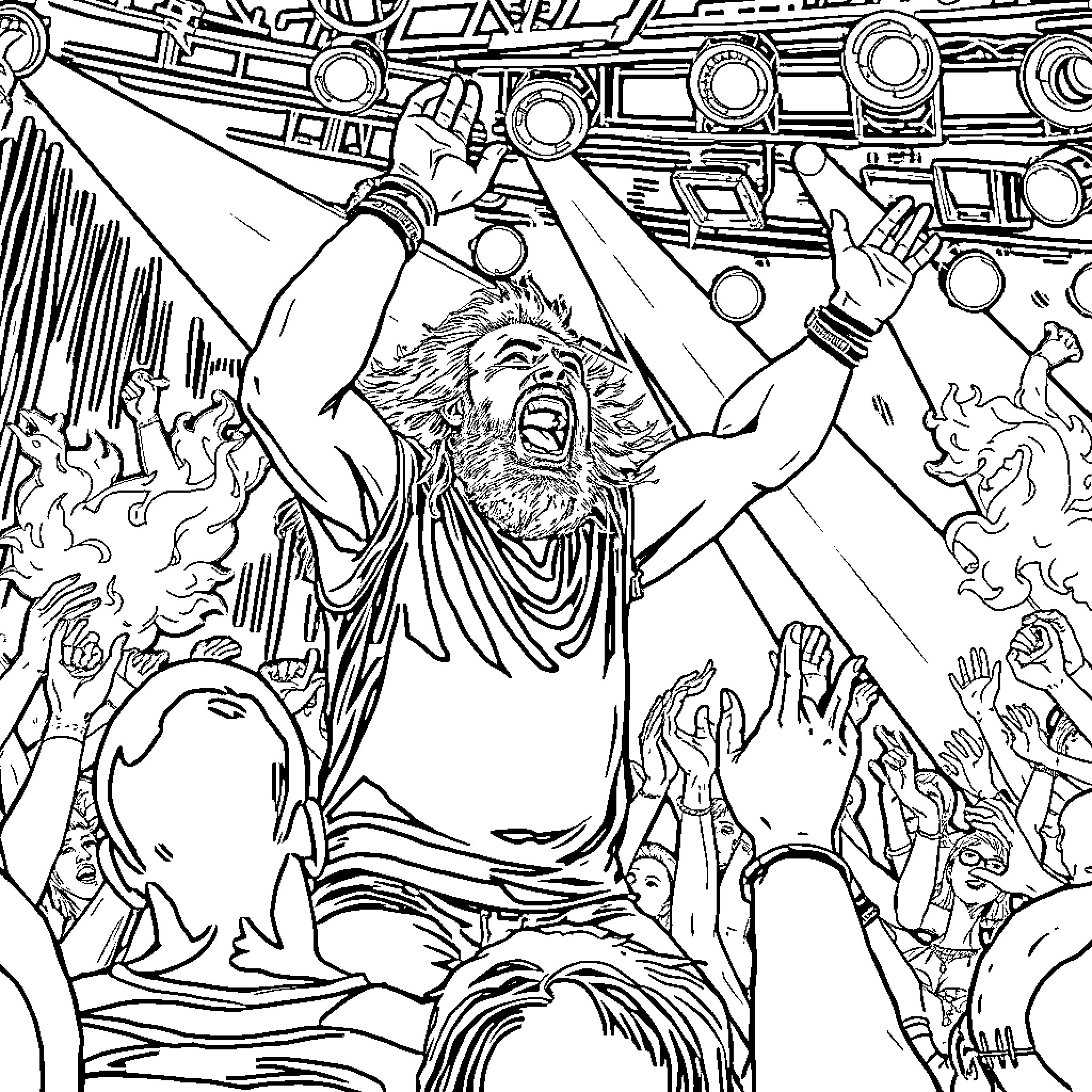 Max Cavalera's Passionate Performance on Stage Coloring Page (free black-and-white line drawing printable PDF for all, from beginners to advanced learners, including children, teens, adults, and seniors)