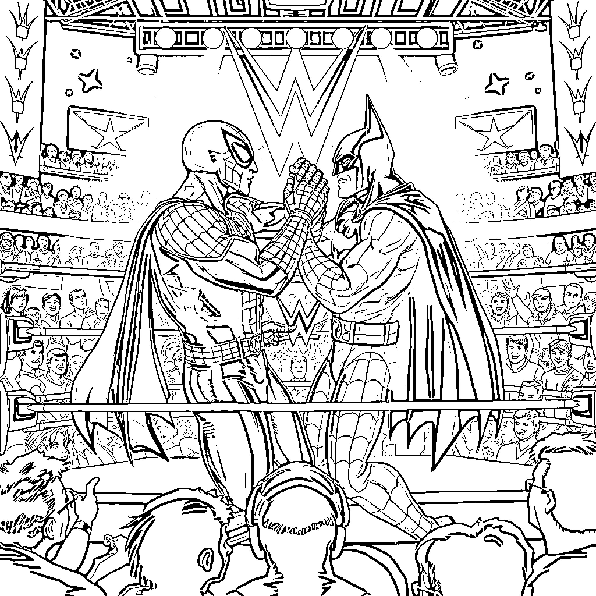 Spider-Man facing off against a wrestler in a stadium Coloring Page (free black-and-white line drawing printable PDF for all, from beginners to advanced learners, including children, teens, adults, and seniors)