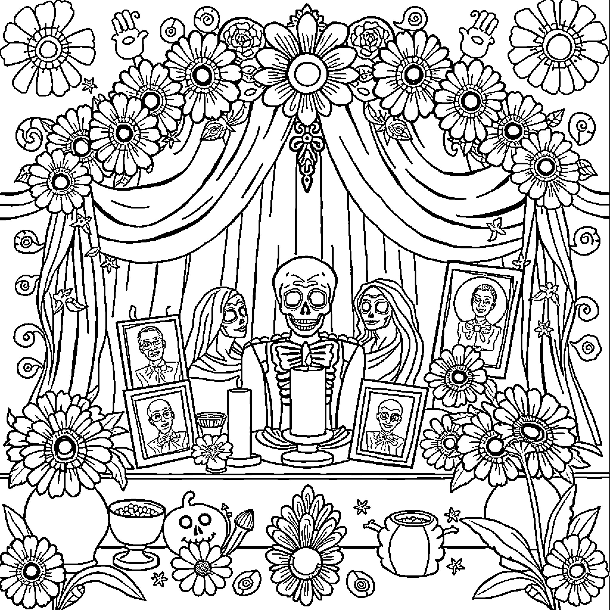 Ofrenda: Floral Display and Remembrance Coloring Page (free black-and-white line drawing printable PDF for all, from beginners to advanced learners, including children, teens, adults, and seniors)