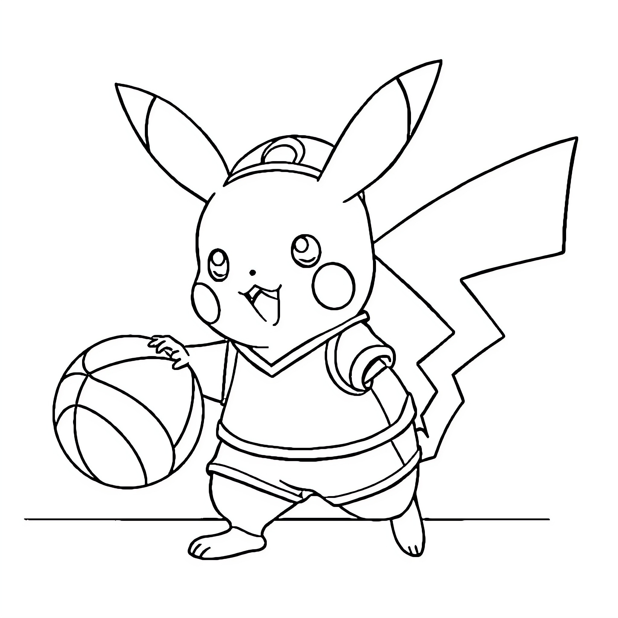 Pikachu playing with a basketball Coloring Page (free black-and-white line drawing printable PDF for all, from beginners to advanced learners, including children, teens, adults, and seniors)