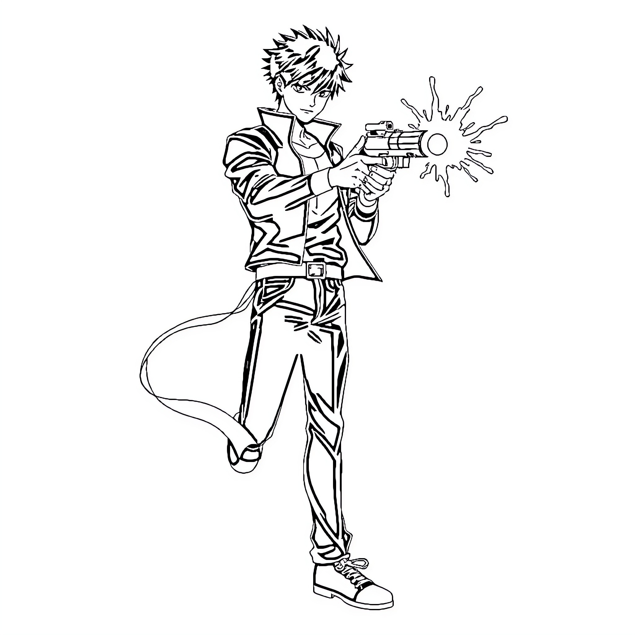 Yusuke wielding a futuristic weapon Coloring Page (free black-and-white line drawing printable PDF for all, from beginners to advanced learners, including children, teens, adults, and seniors)