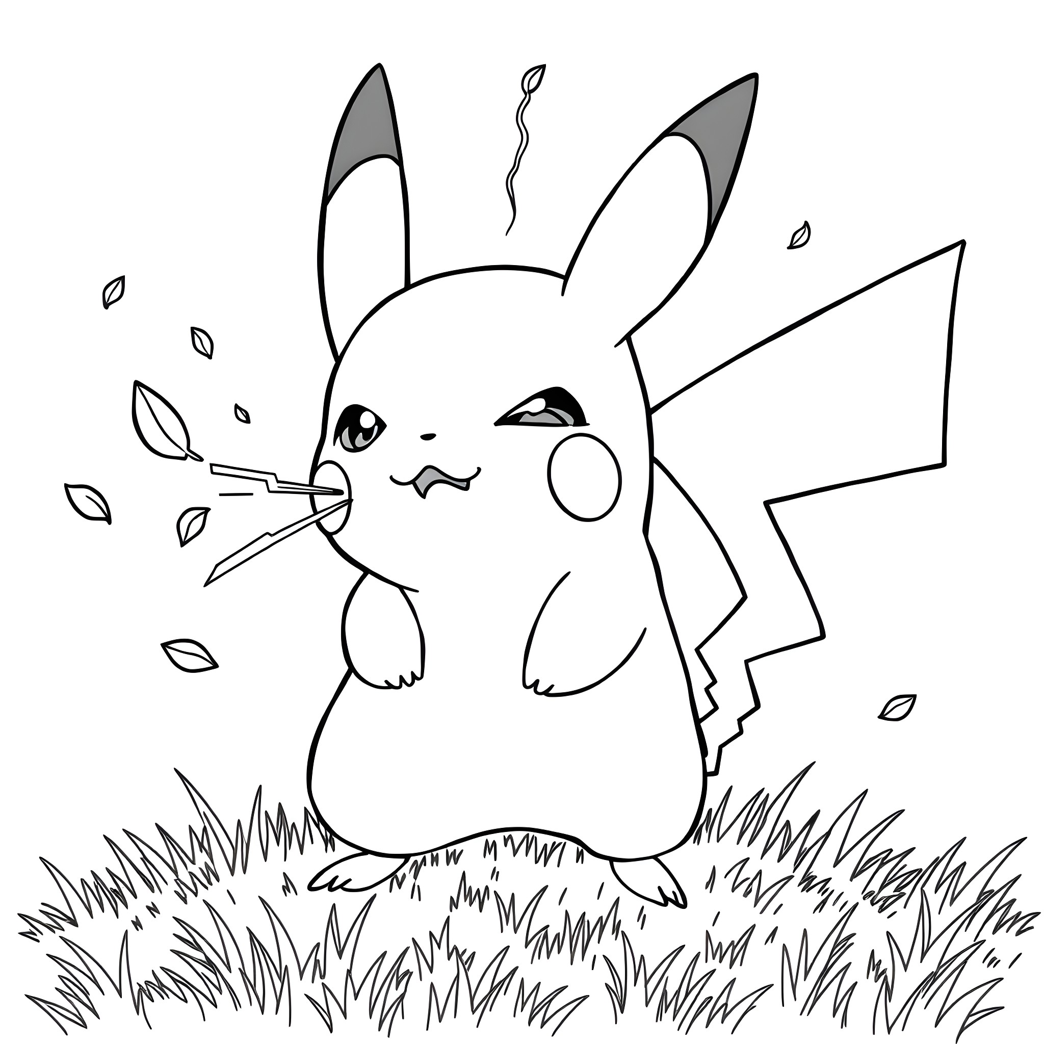 Pikachu using Thunderbolt in the grass Coloring Page (free black-and-white line drawing printable PDF for all, from beginners to advanced learners, including children, teens, adults, and seniors)