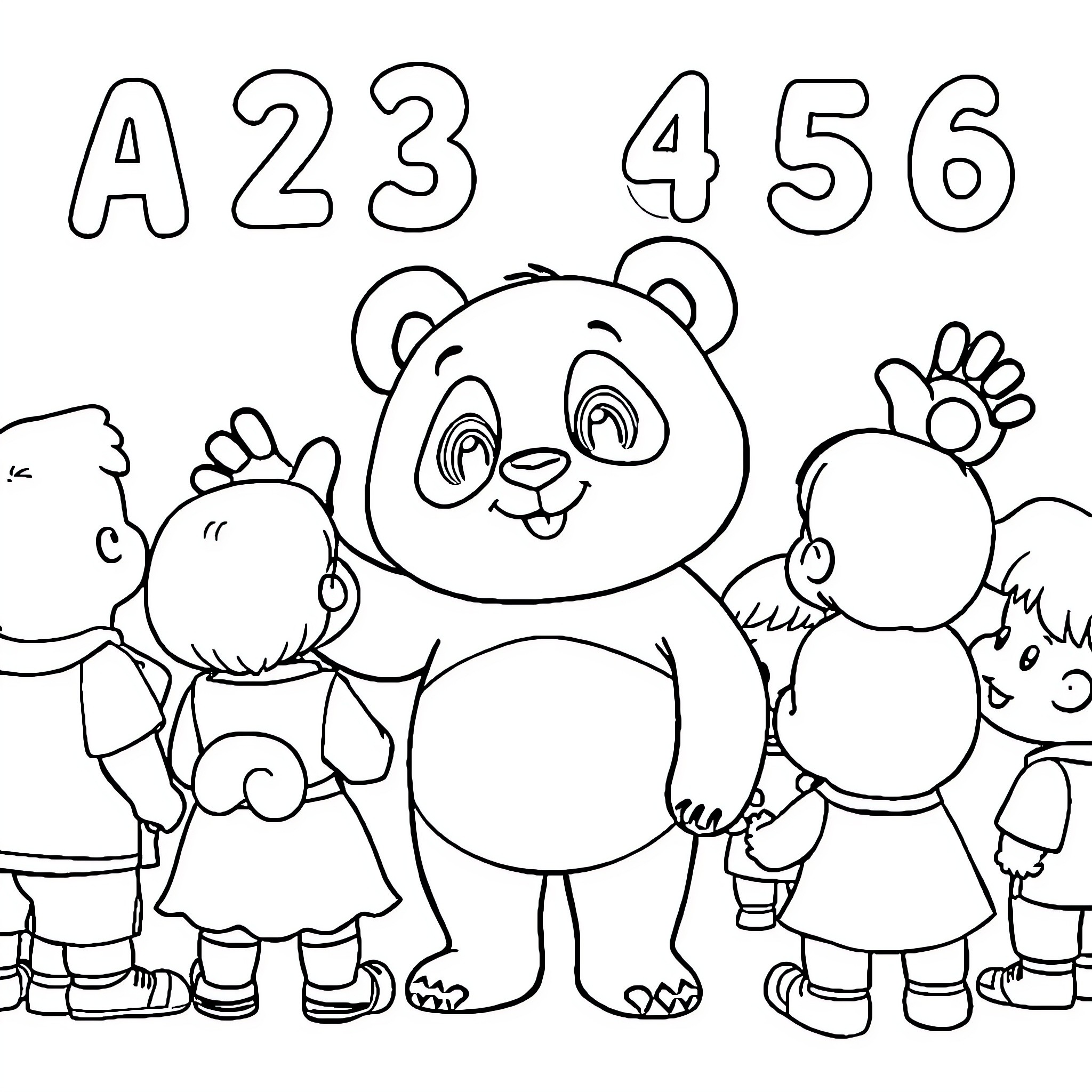 Panda playing with kids and numbers Coloring Page (free black-and-white line drawing printable PDF for all, from beginners to advanced learners, including children, teens, adults, and seniors)