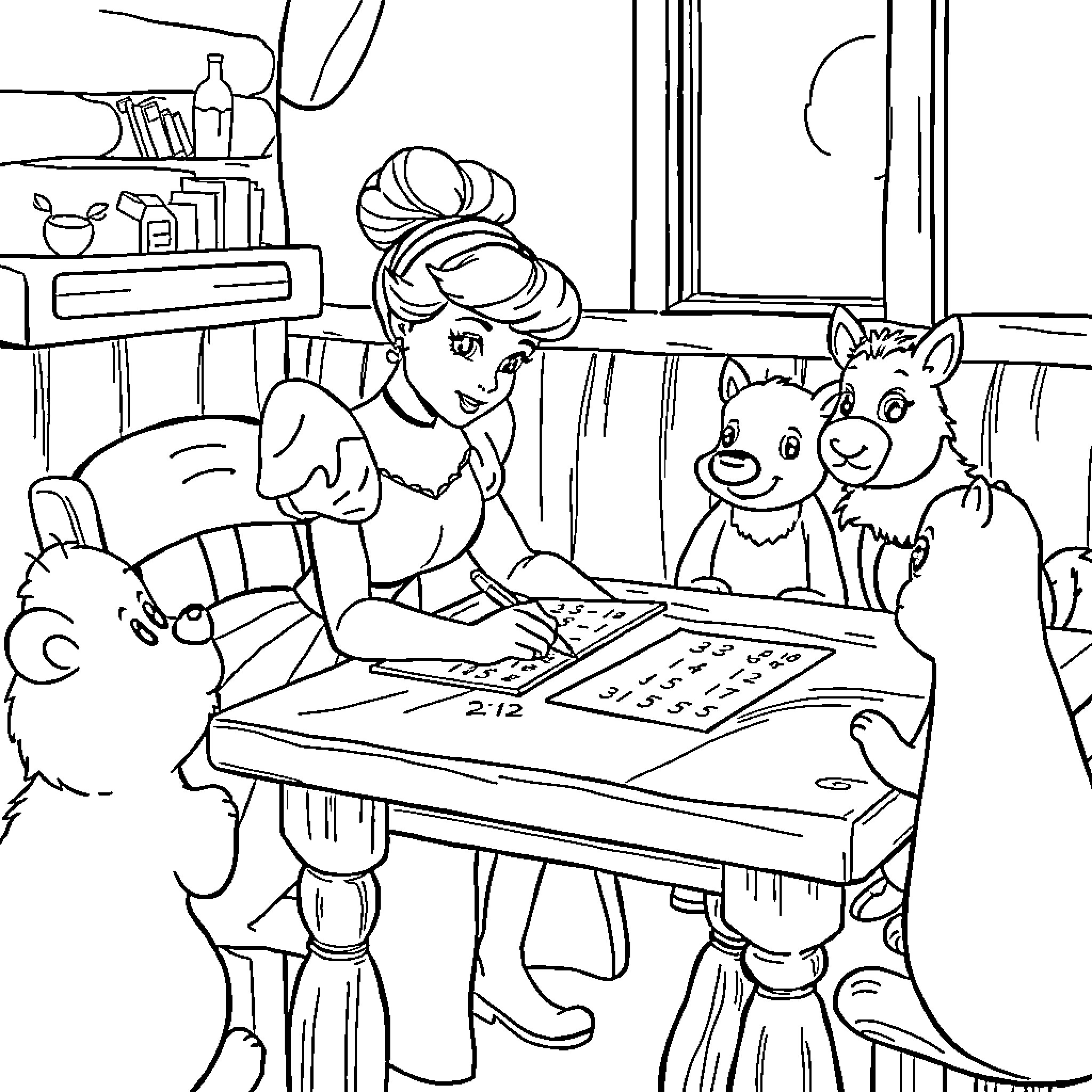 Cinderella helps animals with their homework Coloring Page (free black-and-white line drawing printable PDF for all, from beginners to advanced learners, including children, teens, adults, and seniors)