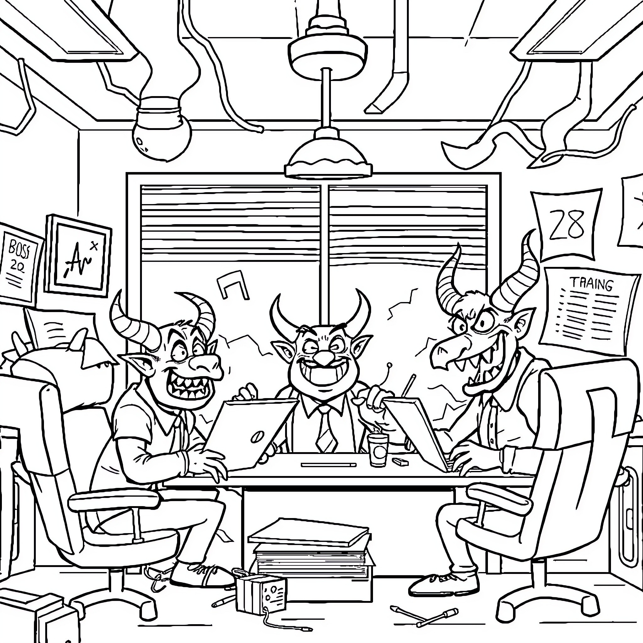 Helluva Boss: Mischievous Demons in the Office Coloring Page (free black-and-white line drawing printable PDF for all, from beginners to advanced learners, including children, teens, adults, and seniors)