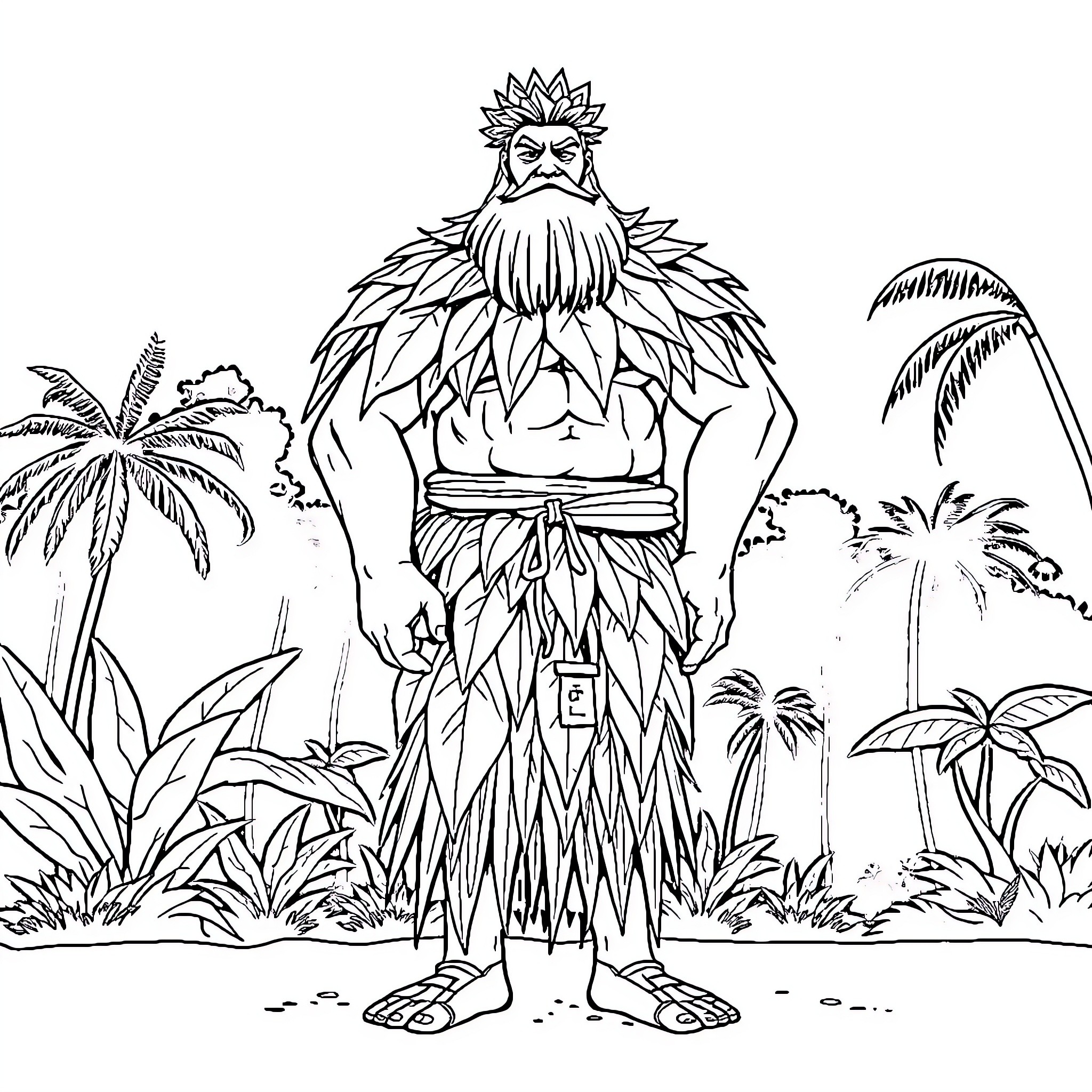 Giant tribal warrior in lush tropical paradise Coloring Page (free black-and-white line drawing printable PDF for all, from beginners to advanced learners, including children, teens, adults, and seniors)
