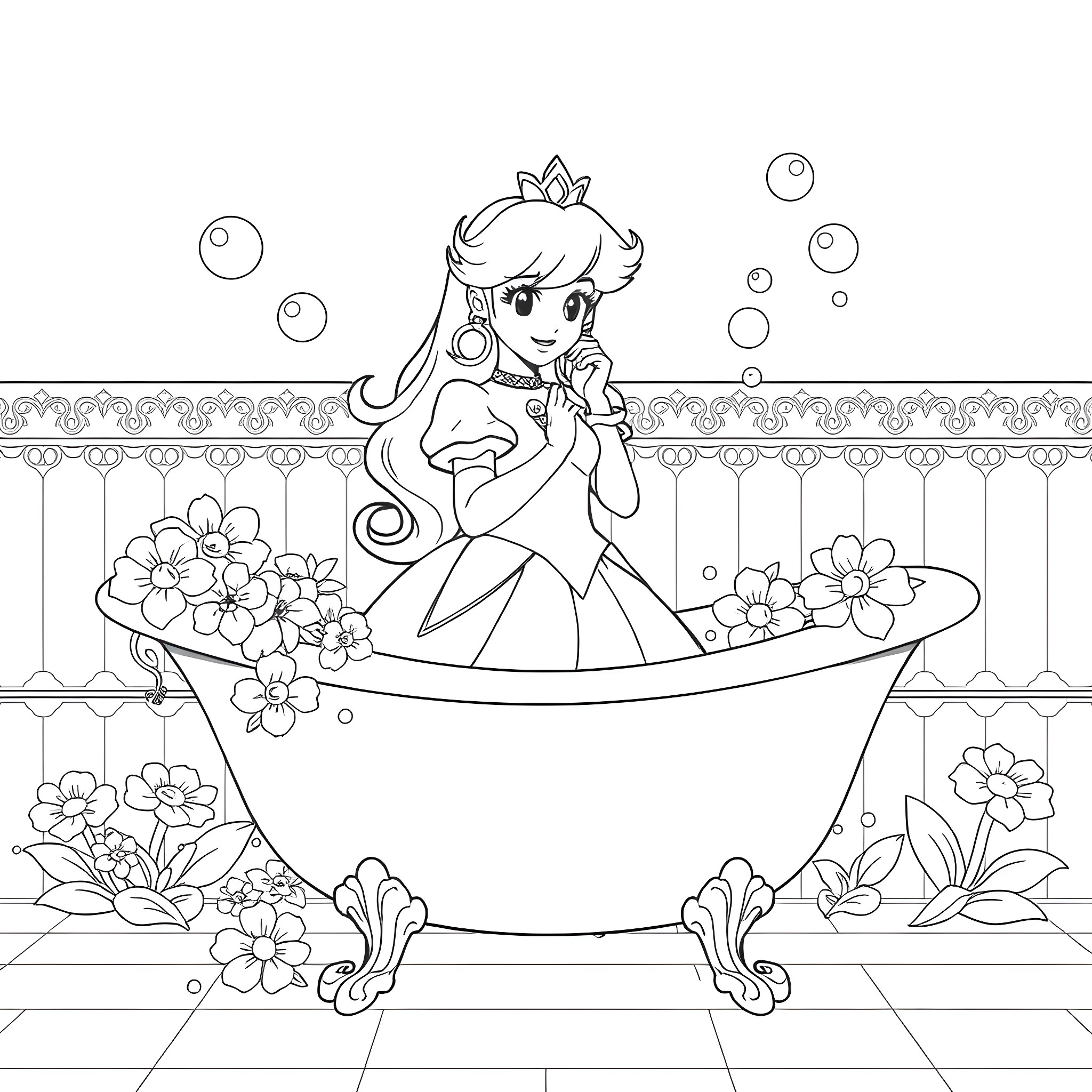 Princess relaxing in a flower-filled bathtub Coloring Page (free black-and-white line drawing printable PDF for all, from beginners to advanced learners, including children, teens, adults, and seniors)