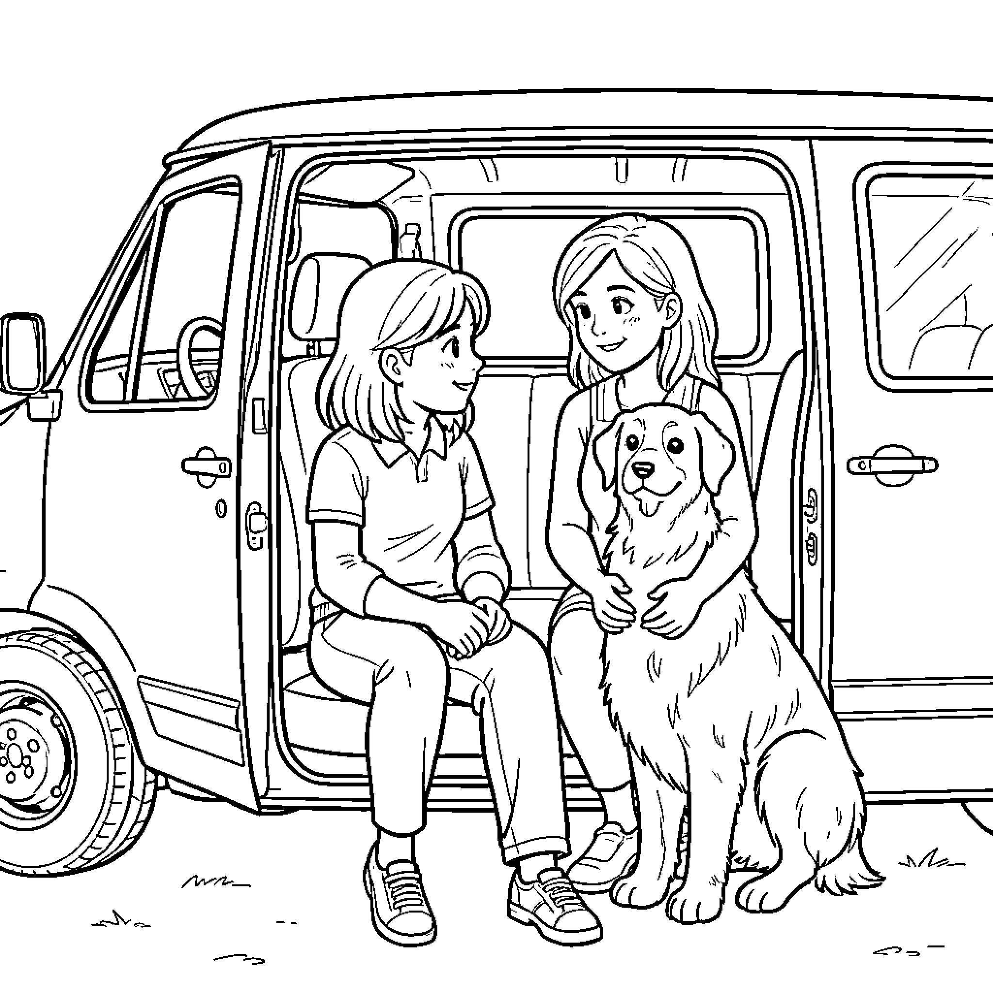Lisa sitting in a van with a dog Coloring Page (free black-and-white line drawing printable PDF for all, from beginners to advanced learners, including children, teens, adults, and seniors)