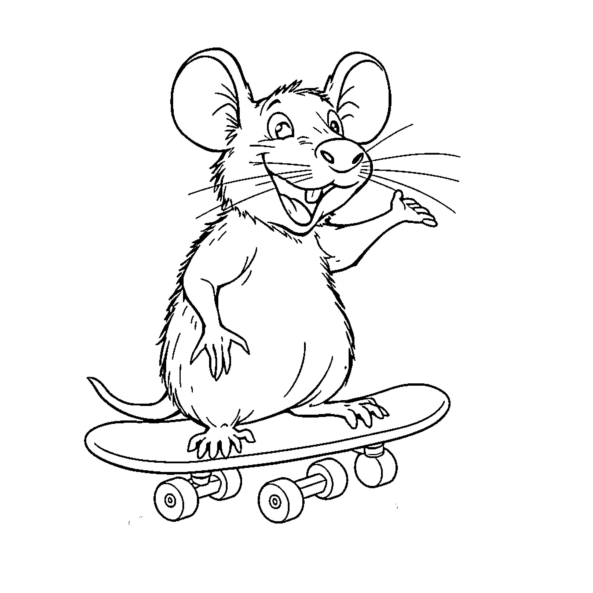 Rat riding a skateboard happily Coloring Page (free black-and-white line drawing printable PDF for all, from beginners to advanced learners, including children, teens, adults, and seniors)