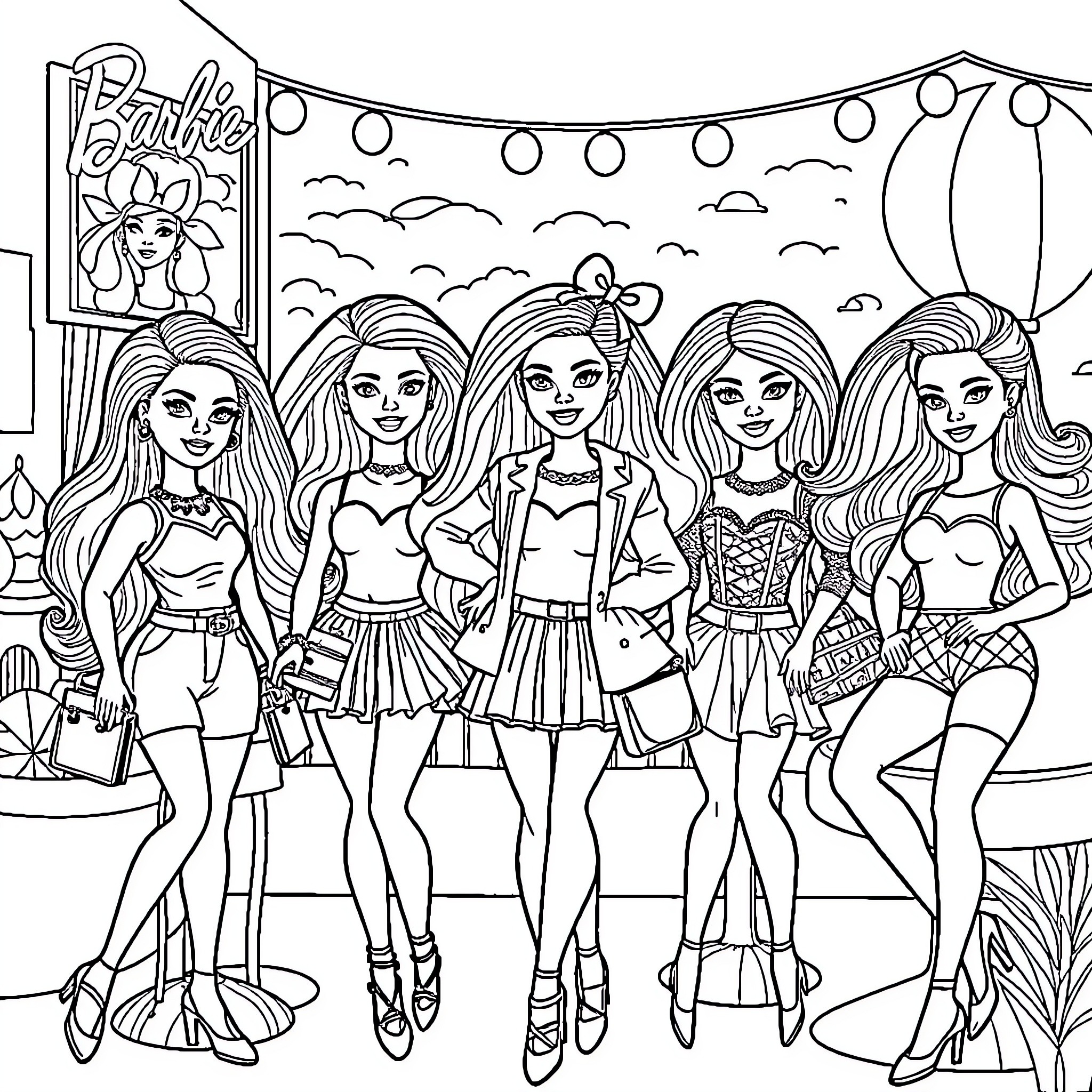Barbie and friends in a fun outdoor scene Coloring Page (free black-and-white line drawing printable PDF for all, from beginners to advanced learners, including children, teens, adults, and seniors)