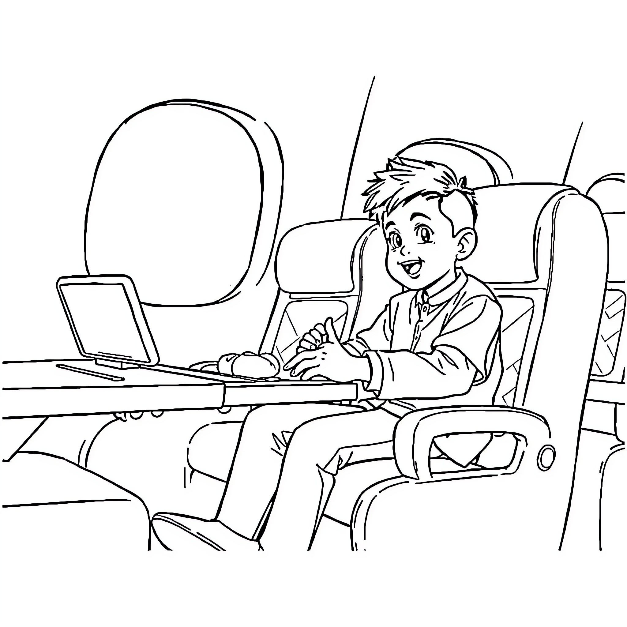 Pumuda Boy Working Diligently on Laptop in Office Chair Coloring Page (free black-and-white line drawing printable PDF for all, from beginners to advanced learners, including children, teens, adults, and seniors)