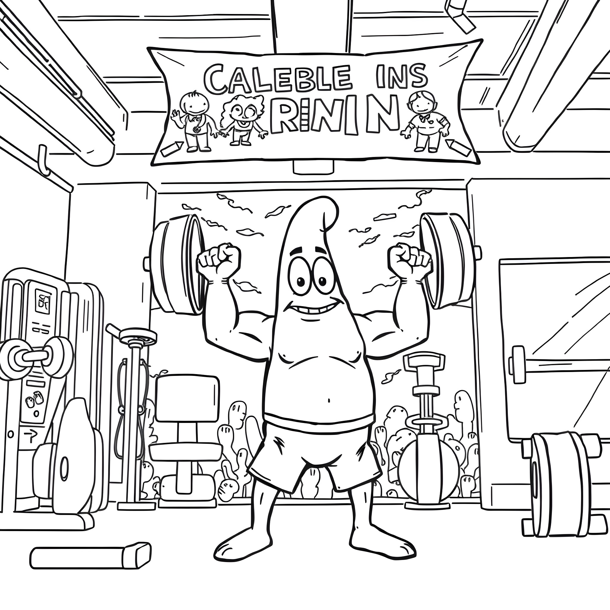 Patrick the Strong Man in the Gym Coloring Page (free black-and-white line drawing printable PDF for all, from beginners to advanced learners, including children, teens, adults, and seniors)