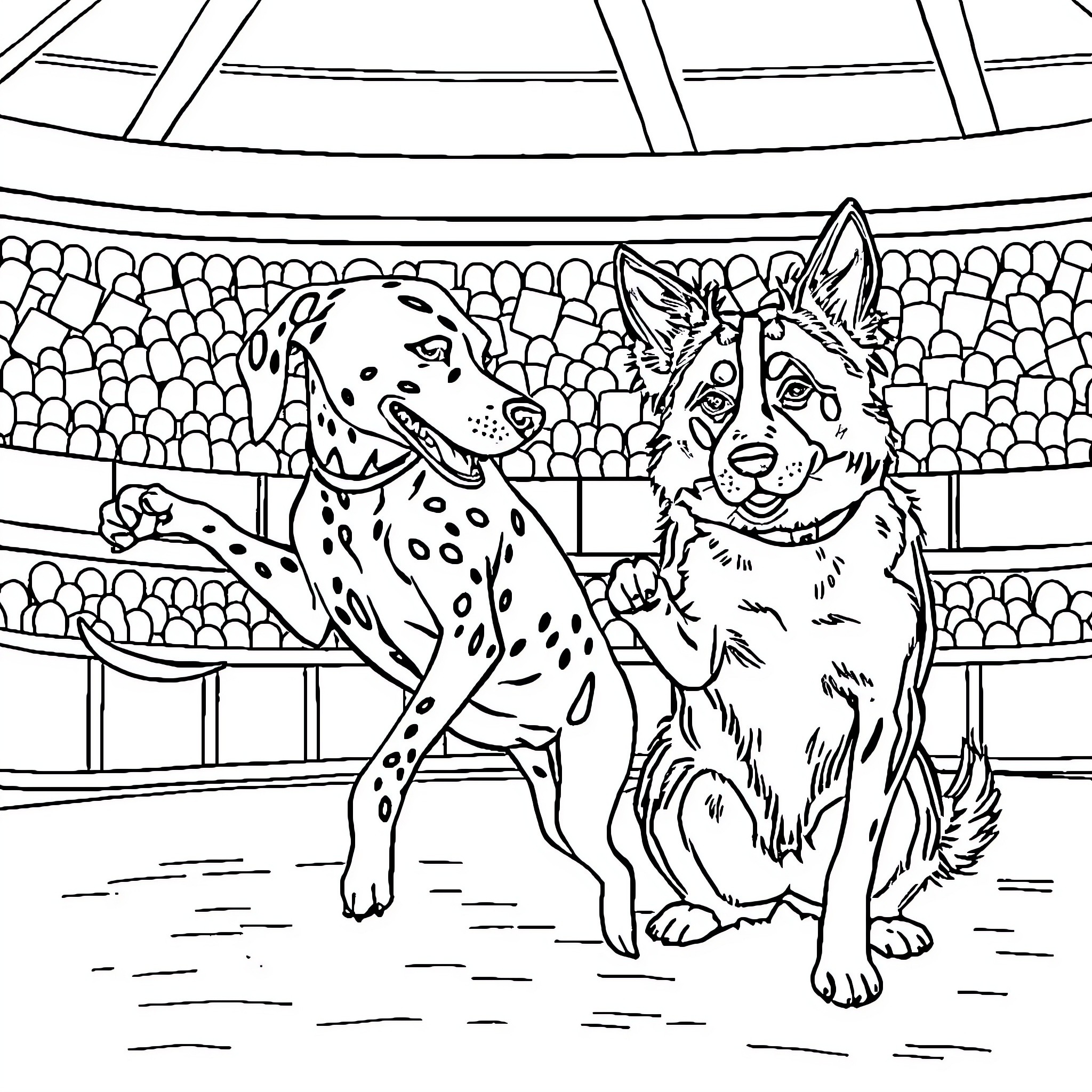 Dalmatian and German Shepherd performing in the arena Coloring Page (free black-and-white line drawing printable PDF for all, from beginners to advanced learners, including children, teens, adults, and seniors)