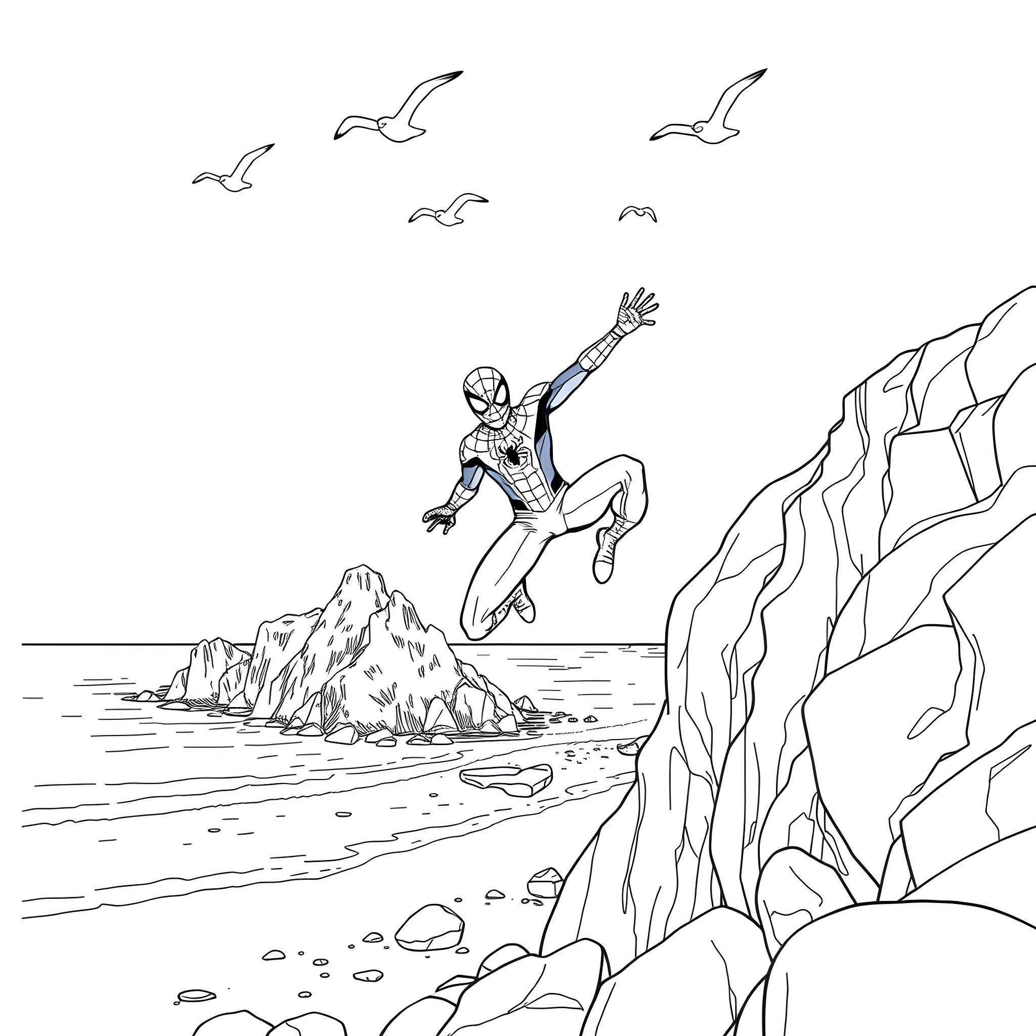 Spiderman swinging above the rocky coastline Coloring Page (free black-and-white line drawing printable PDF for all, from beginners to advanced learners, including children, teens, adults, and seniors)