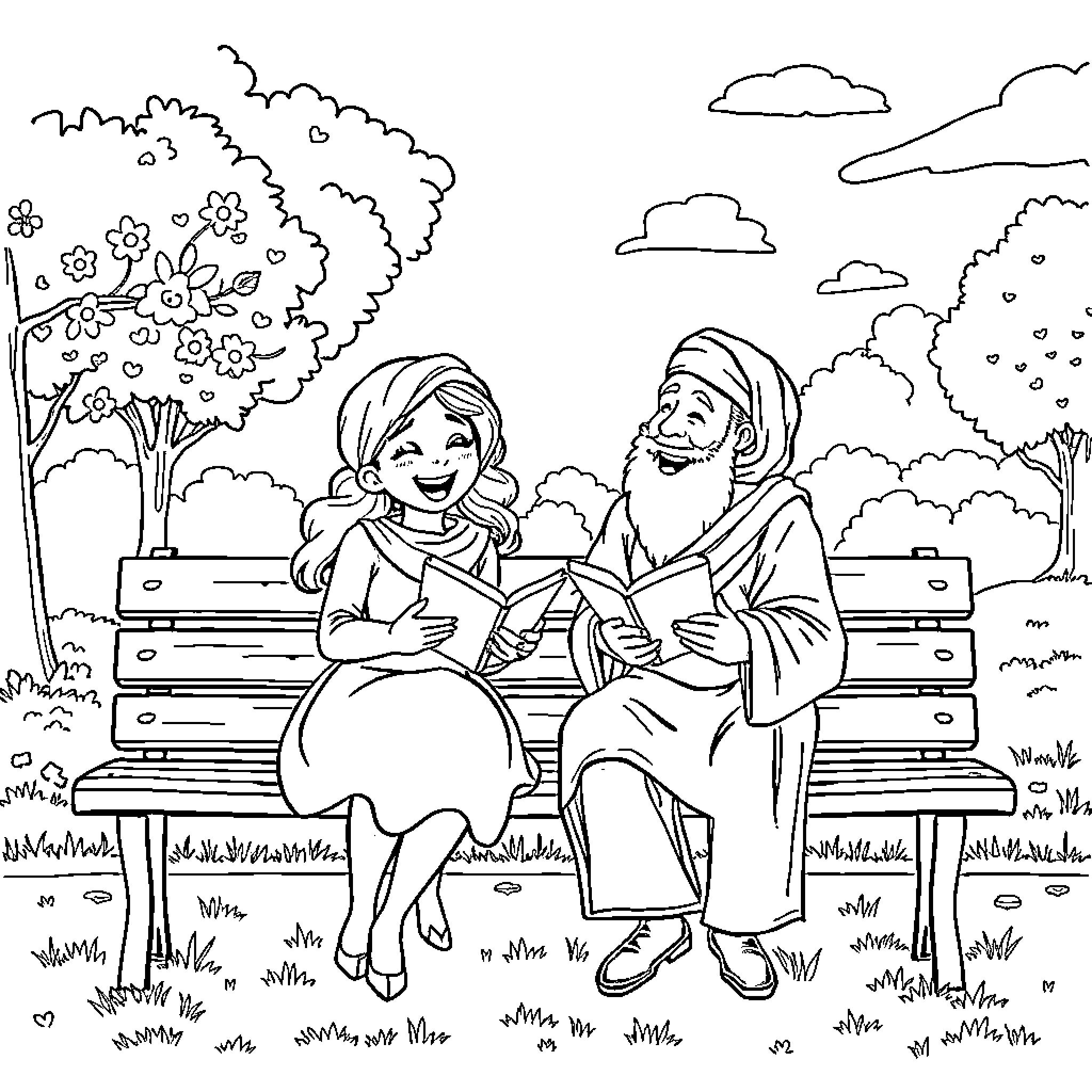 Peach conversation on a park bench Coloring Page (free black-and-white line drawing printable PDF for all, from beginners to advanced learners, including children, teens, adults, and seniors)