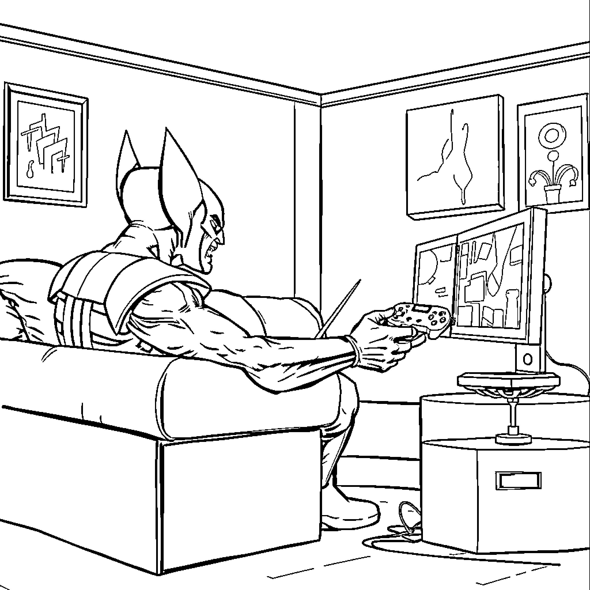Wolverine relaxing at home with his comic collection Coloring Page (free black-and-white line drawing printable PDF for all, from beginners to advanced learners, including children, teens, adults, and seniors)