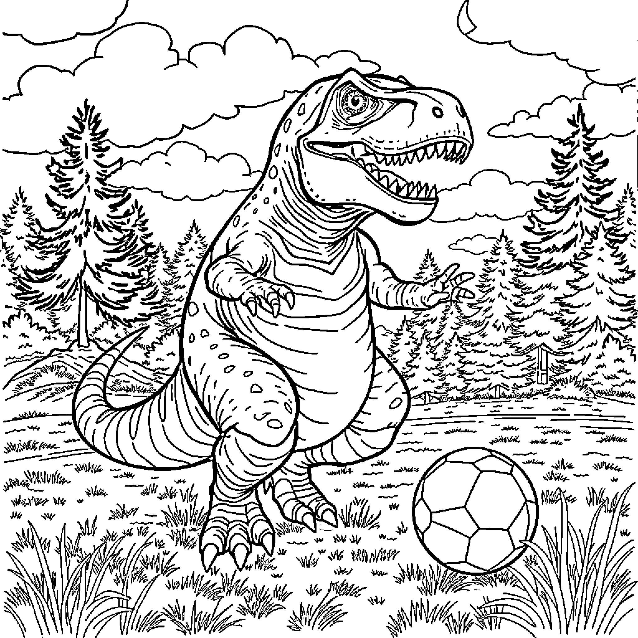T-Rex playing with a soccer ball in the forest Coloring Page (free black-and-white line drawing printable PDF for all, from beginners to advanced learners, including children, teens, adults, and seniors)