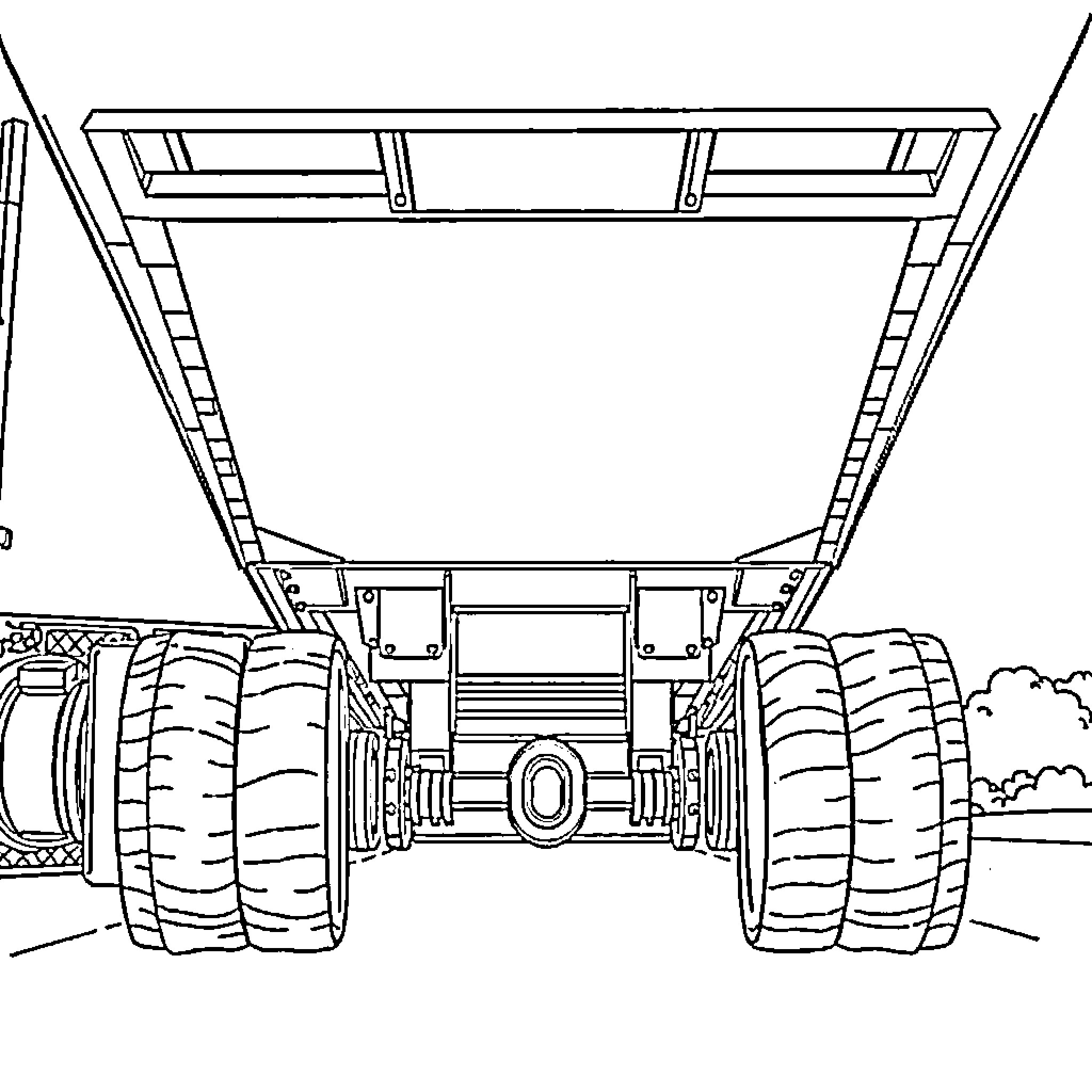 Trailer of a large industrial vehicle Coloring Page (free black-and-white line drawing printable PDF for all, from beginners to advanced learners, including children, teens, adults, and seniors)
