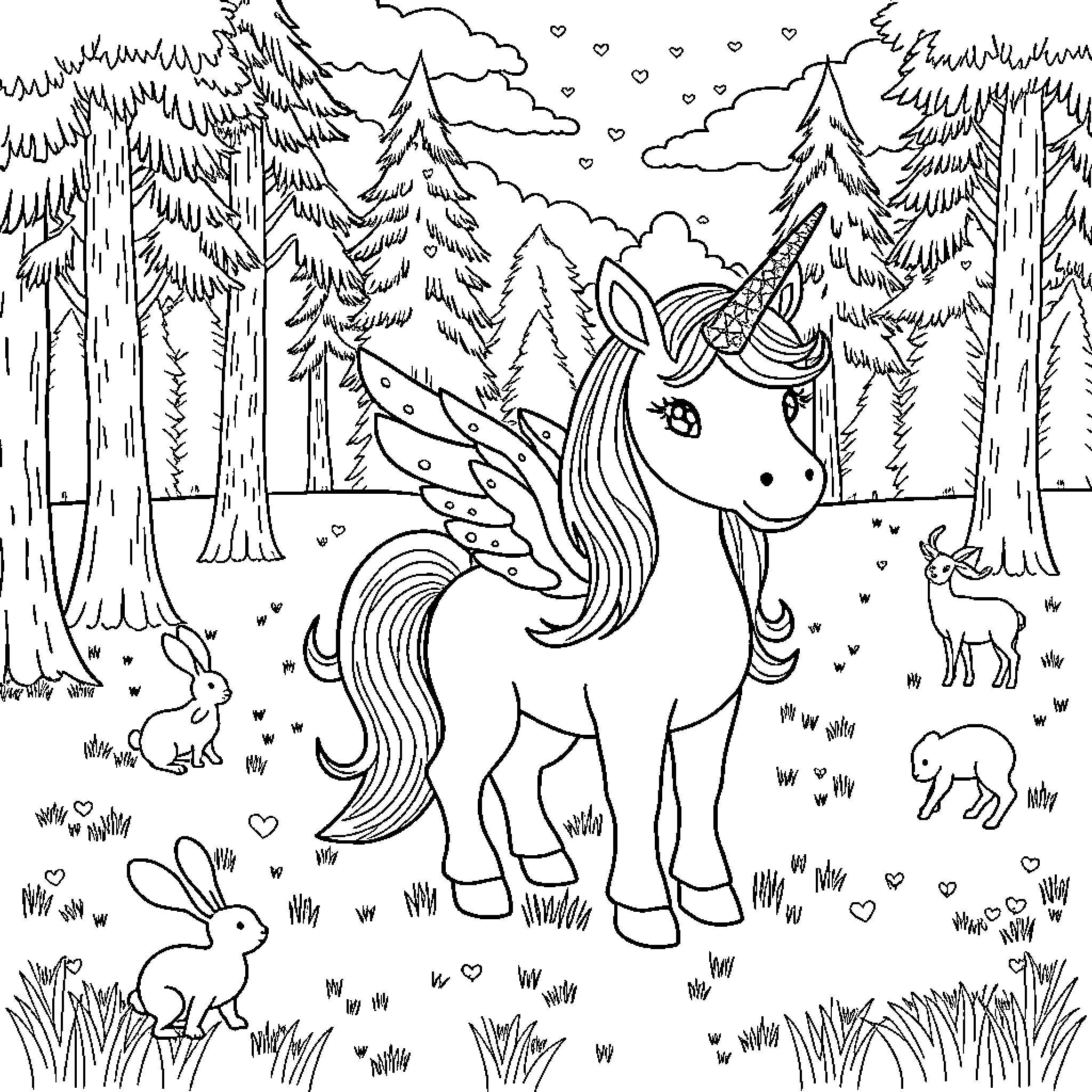 Unicorn frolicking in enchanted forest with magical companions Coloring Page (free black-and-white line drawing printable PDF for all, from beginners to advanced learners, including children, teens, adults, and seniors)