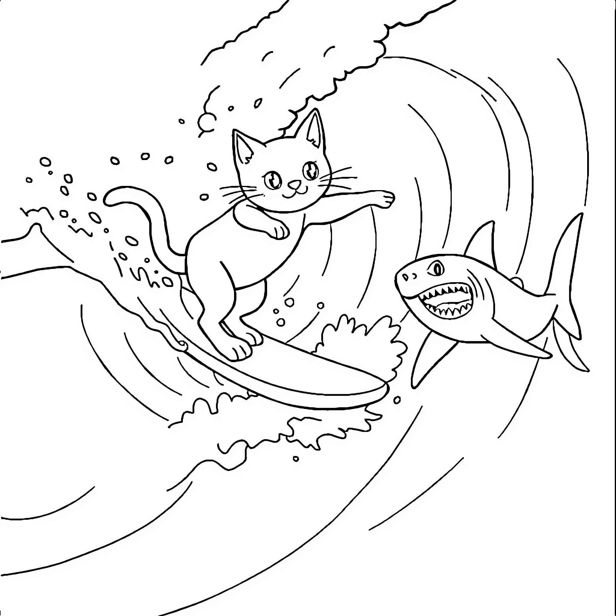 Cat surfing with friendly shark Coloring Page (free black-and-white line drawing printable PDF for all, from beginners to advanced learners, including children, teens, adults, and seniors)