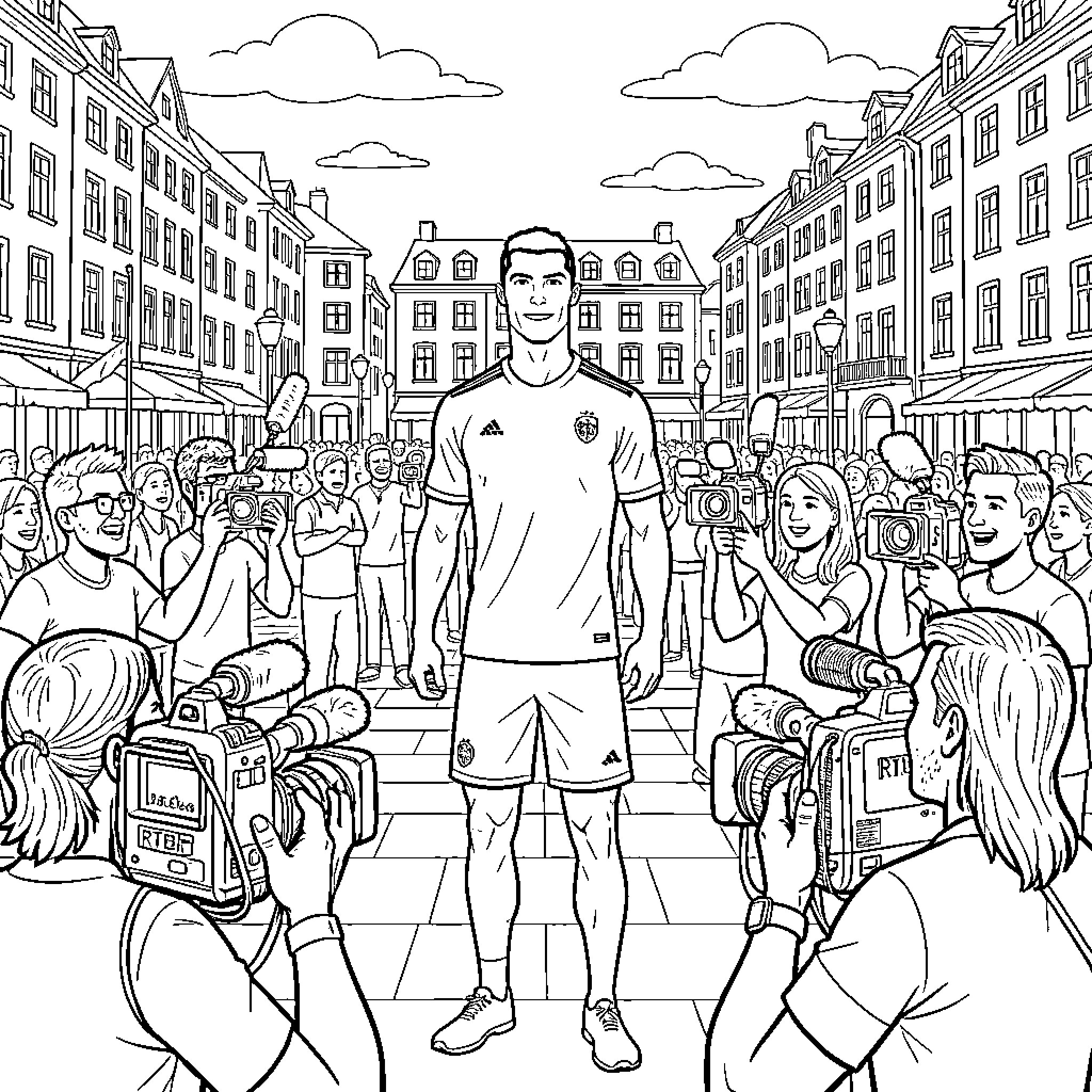 Cristiano Ronaldo posing for photographers in a city street Coloring Page (free black-and-white line drawing printable PDF for all, from beginners to advanced learners, including children, teens, adults, and seniors)