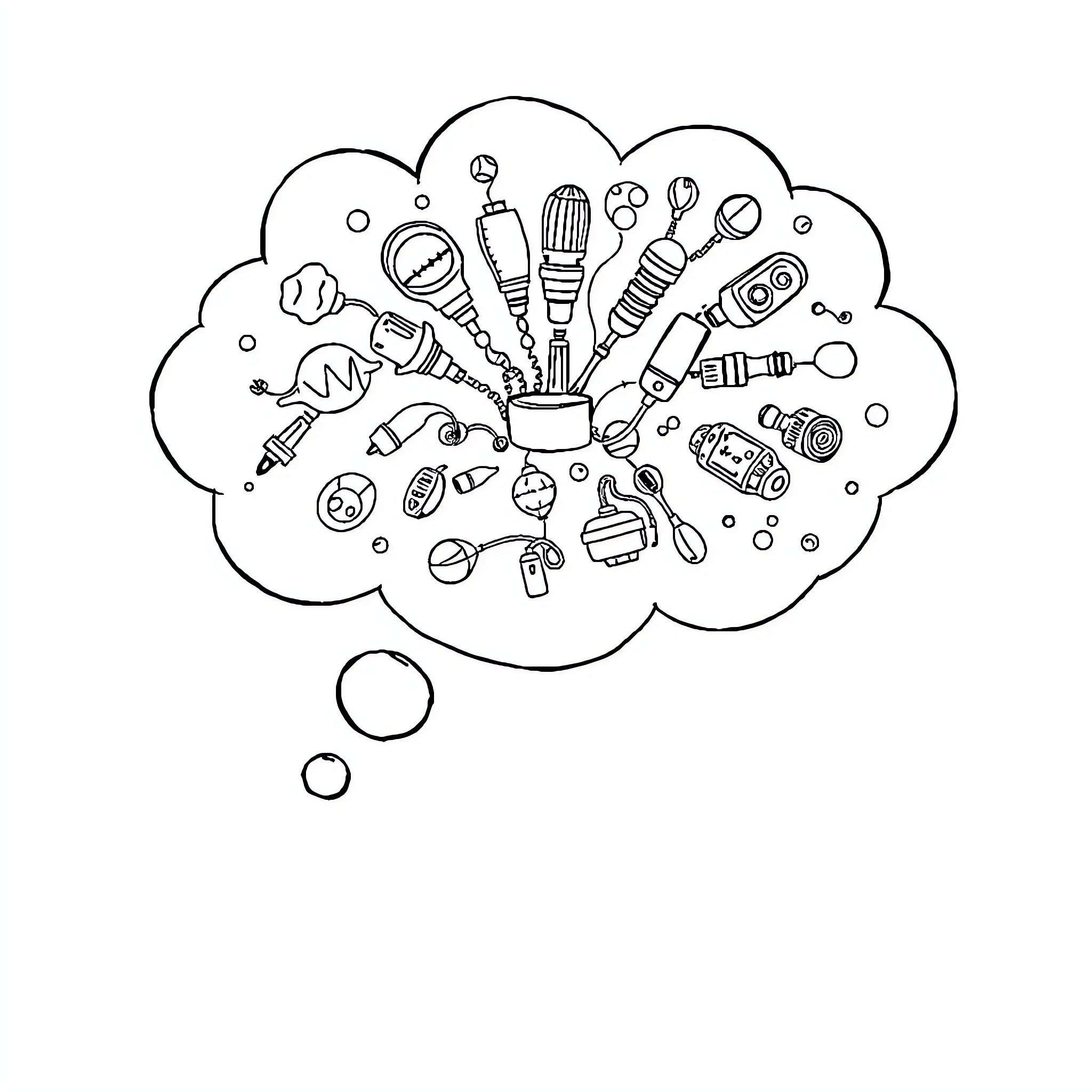 Idea for Diverse Tools in Thought Bubble Coloring Page (free black-and-white line drawing printable PDF for all, from beginners to advanced learners, including children, teens, adults, and seniors)