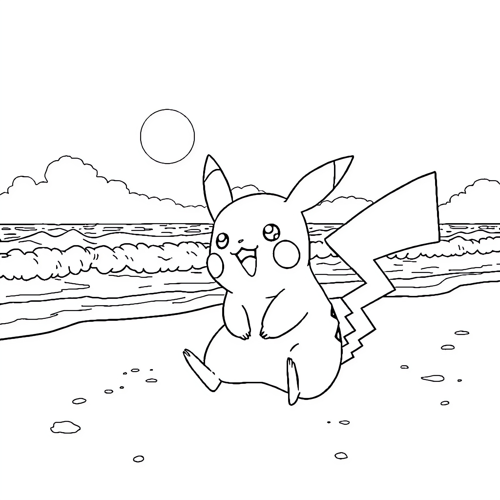 Pikachu playing on the beach Coloring Page (free black-and-white line drawing printable PDF for all, from beginners to advanced learners, including children, teens, adults, and seniors)