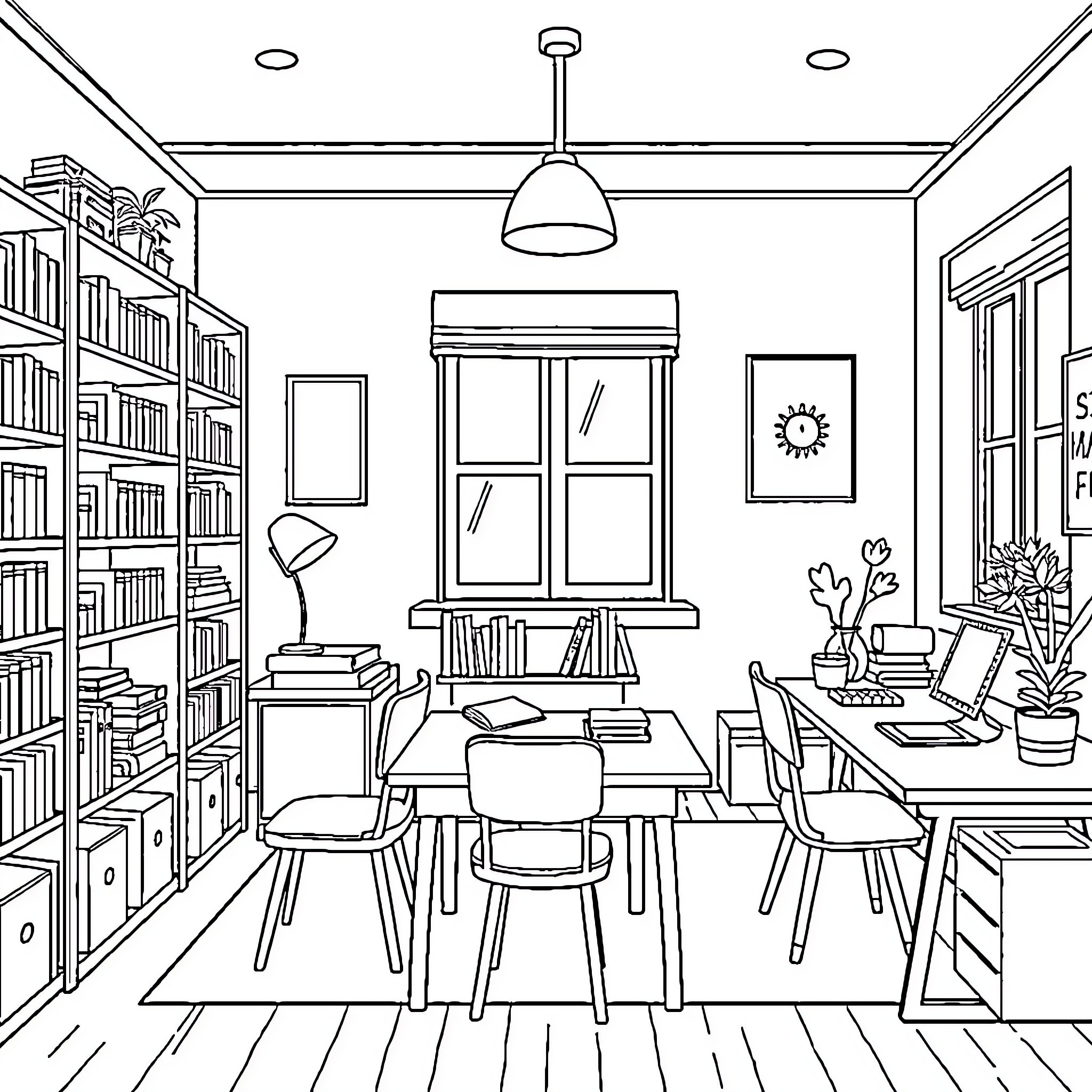 Study Room with Cozy Furnishings and Workspace Coloring Page (free black-and-white line drawing printable PDF for all, from beginners to advanced learners, including children, teens, adults, and seniors)