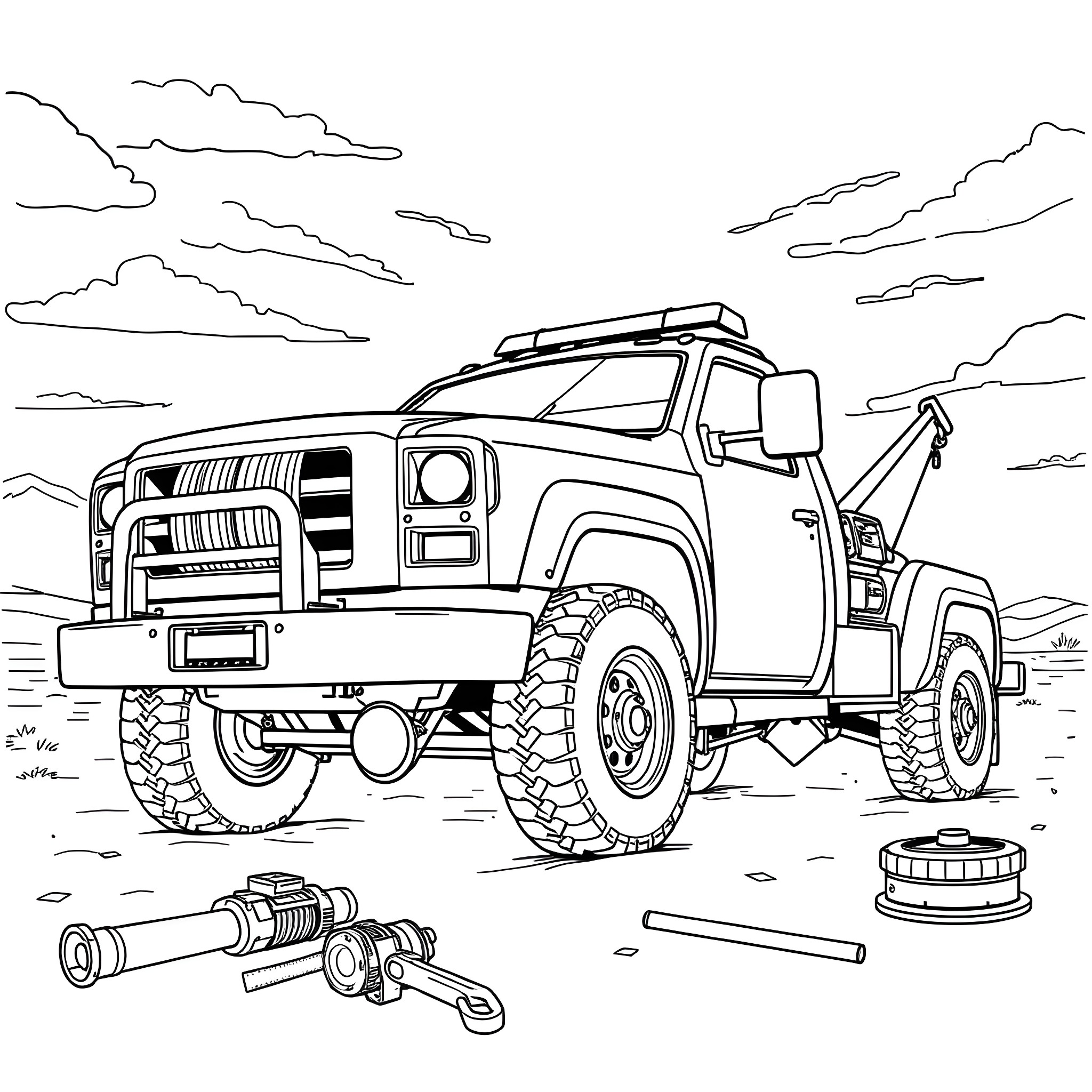 Wrecker Truck Towing Heavy Equipment on Rugged Terrain Coloring Page (free black-and-white line drawing printable PDF for all, from beginners to advanced learners, including children, teens, adults, and seniors)
